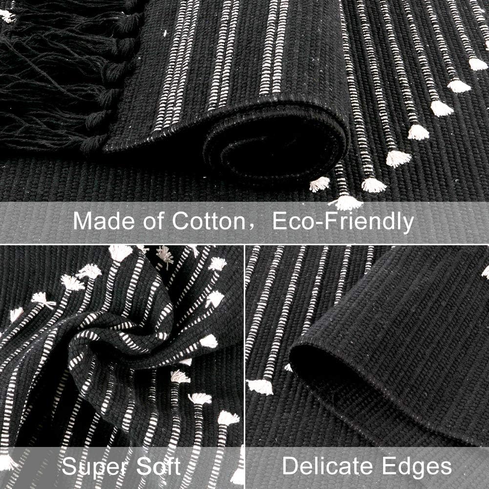 LEEVAN Boho Cotton Runner Rug, 2.3' x 5.3' Black Geometric Kitchen Sink Rug with Tassels Woven Diamond Soft Indoor Mat Hallways Machine Washable Carpet for Living Room Bathroom Bedroom Decor