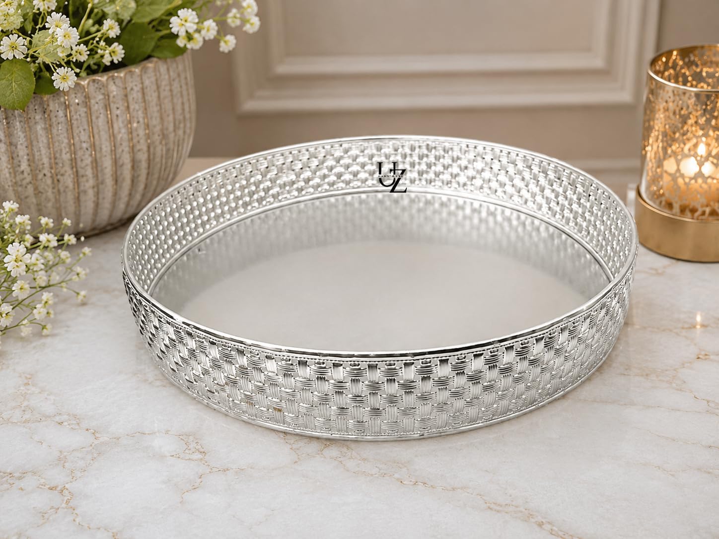 German Silver Tray | Plain Mirror Finish Decorative with Embossed Border | Dry Fruit, Pooja & Gift | Premium Metal | (12'' German Silver Tray)-image-10