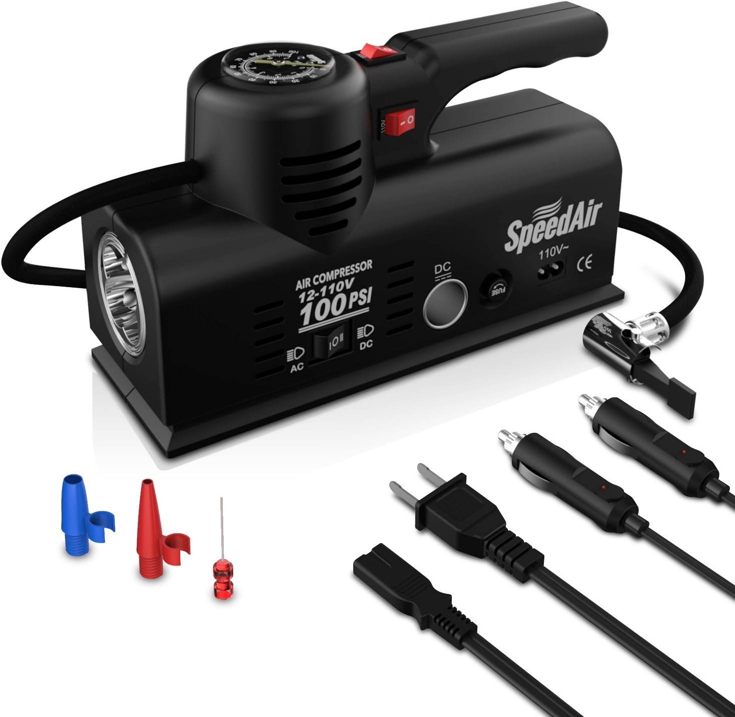 SpeedAir Air Compressor Tire Inflator – Multi-Function 12V Air Compressor Great for Vehicle and Bike Tires, Toys, Inflatable Rafts, Air Mats, and Balls