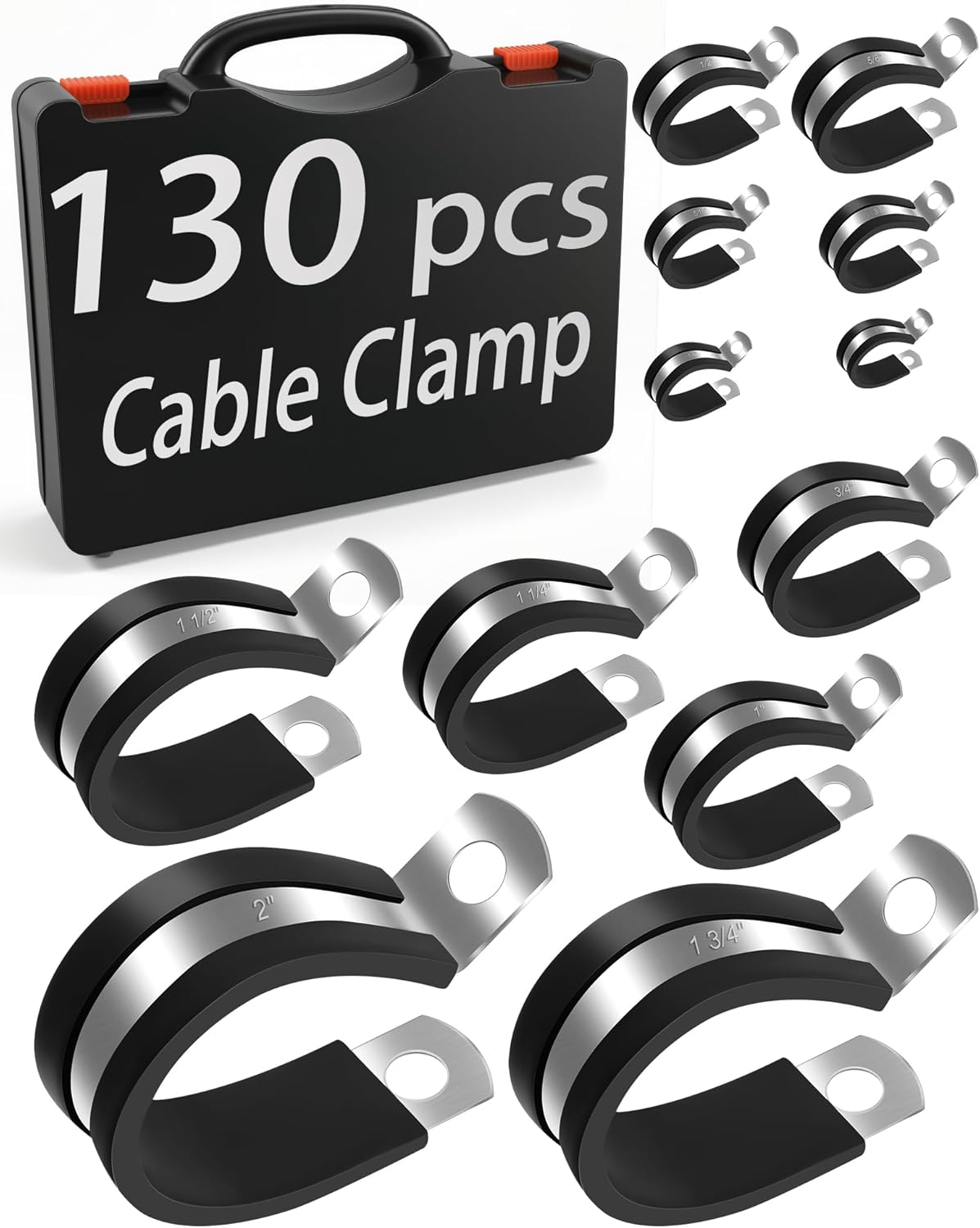 130PCS Cable Clamp Assortment Kit, 12 Sizes 304 Stainless Steel Wire Clips with Rubber Cushion, Pipe & Hose Clamps for Wiring, Plumbing, Fuel Injection Line, Automotive & Mechanical Use