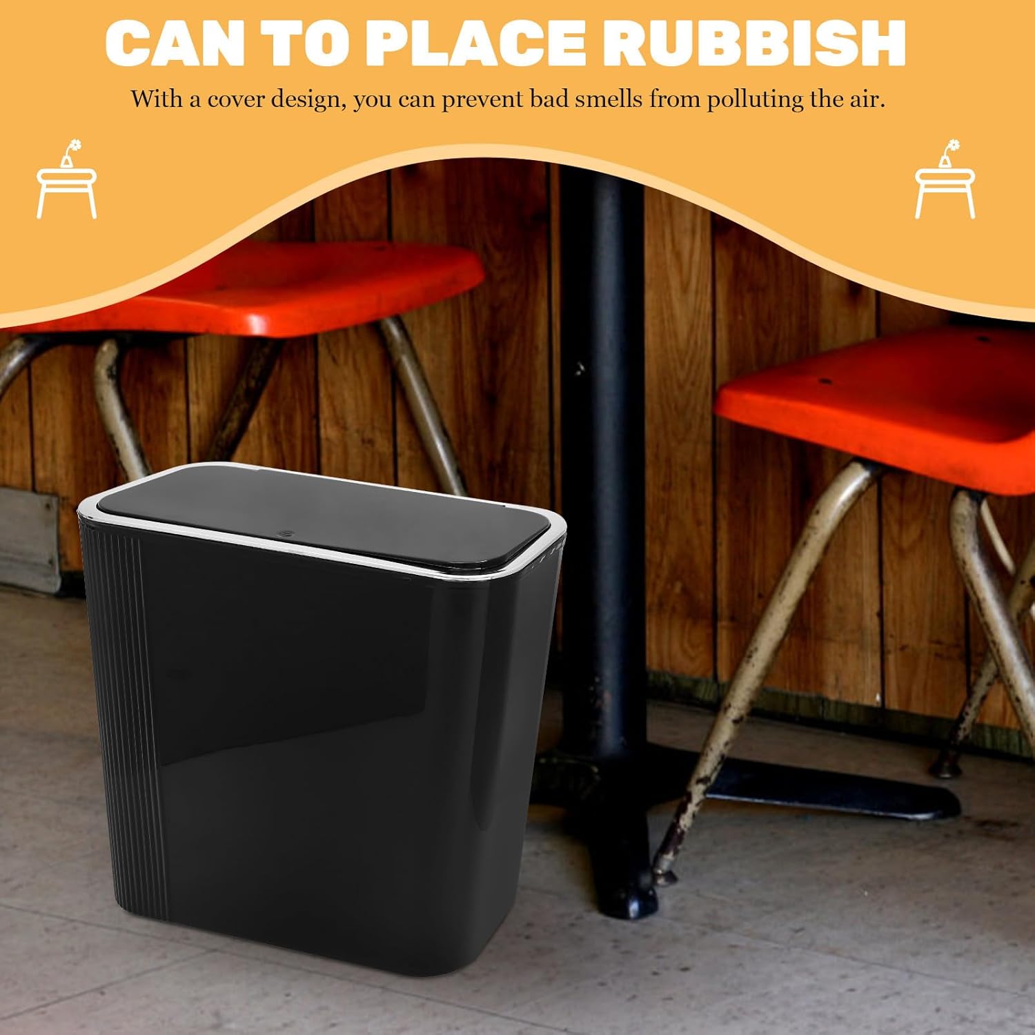 GARVALON Small Lidded Trash Can with Mirror Surface, Large Capacity Waste Bin for Kitchen Bathroom Bedroom, Black Covered Garbage Container for Home Storage and Organization