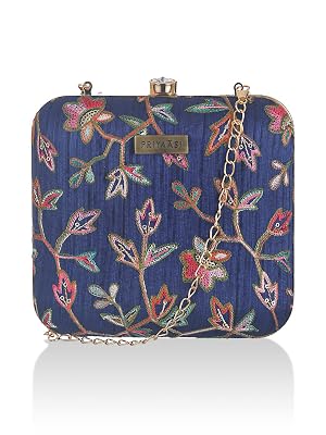 Priyaasi Blue Floral Thread Charm Clutch Bag for Women's - Stylish, Trendy, Casual Hand Purse with Shoulder Chain Strap 