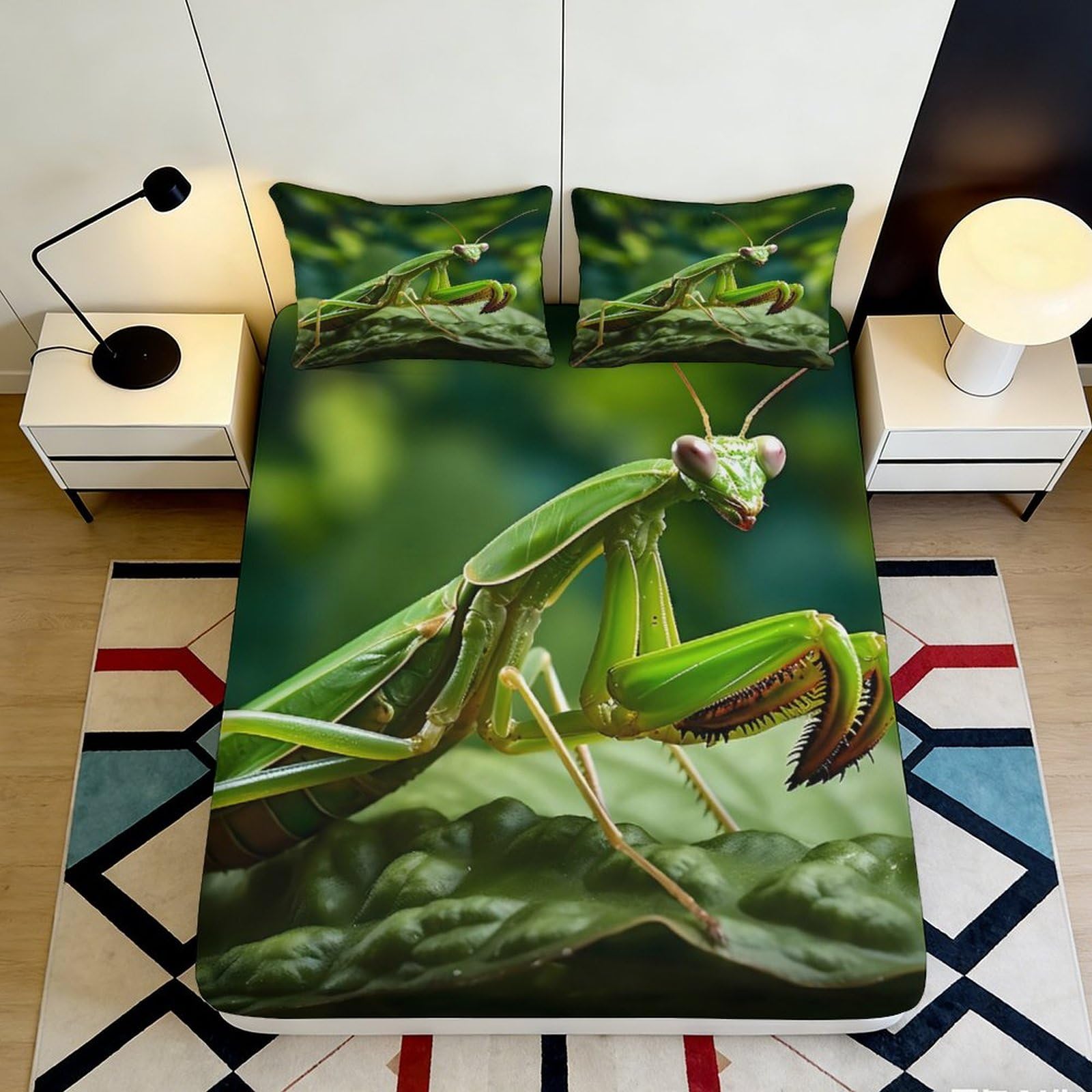 3D Printed Praying Mantis Fitted Sheet Microfiber Soft Green Leaf Bed Cover for Bedroom Guest Room Decor 90x200x25cm