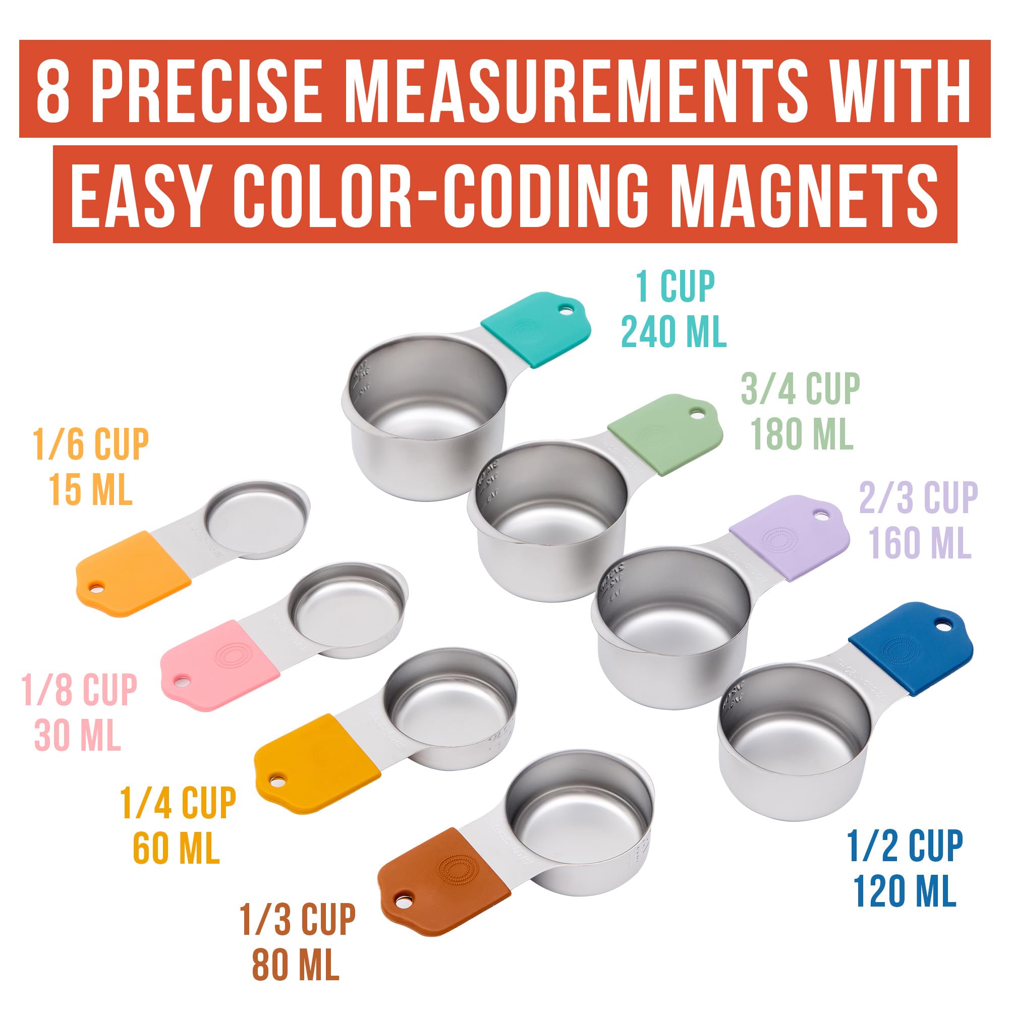 Chef Pomodoro Stainless Steel Measuring Cup Set, Nested and Stackable, Sturdy Extra-long Handles with Lasered Markings and Sorting Ring (8-Piece Set (Magnetic))