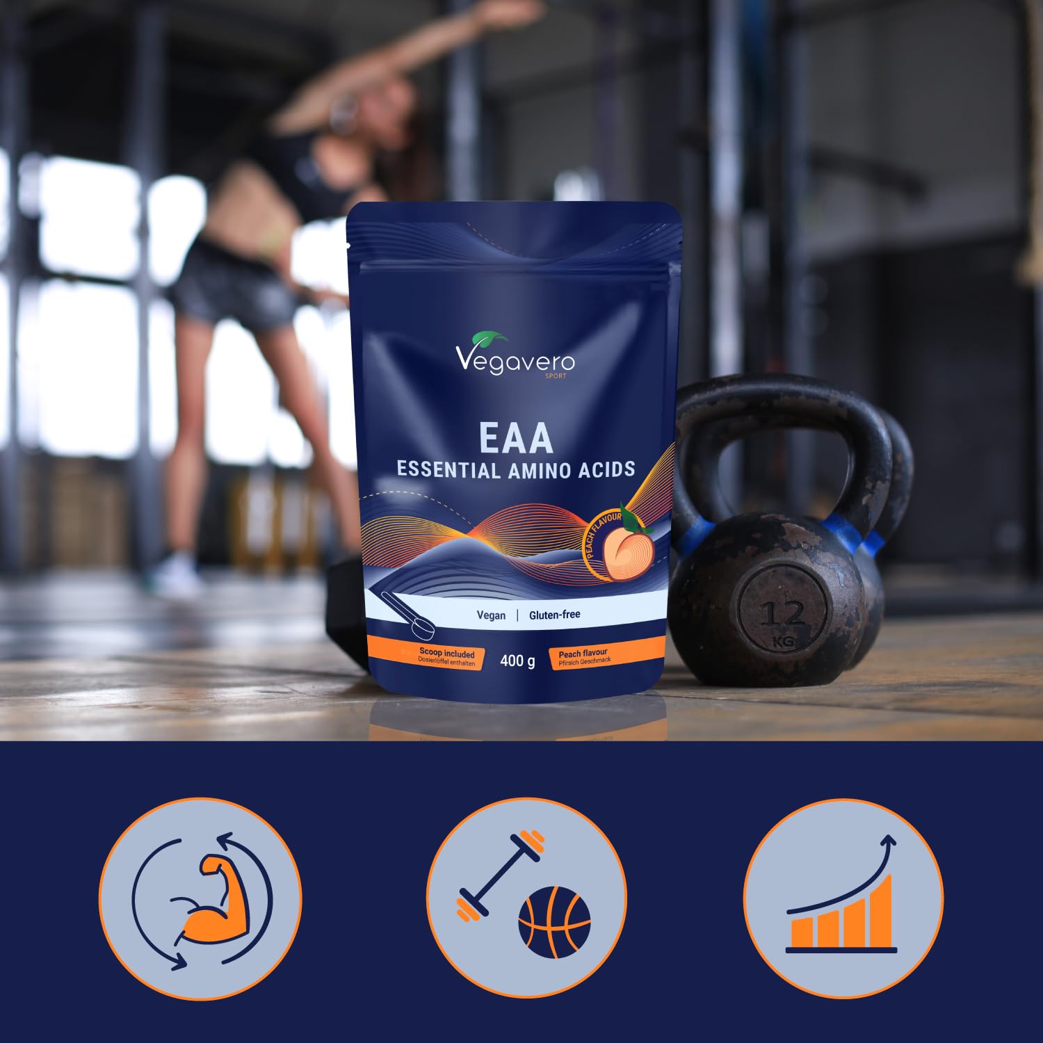 EAA Aminoacidi Essenziali in Polvere | 400 g | 9 EAA e BCAA 2:1:1 | Vegano e Senza Zuccheri | Intra Pre Post Workout | Gusto Pesca | Vegavero®