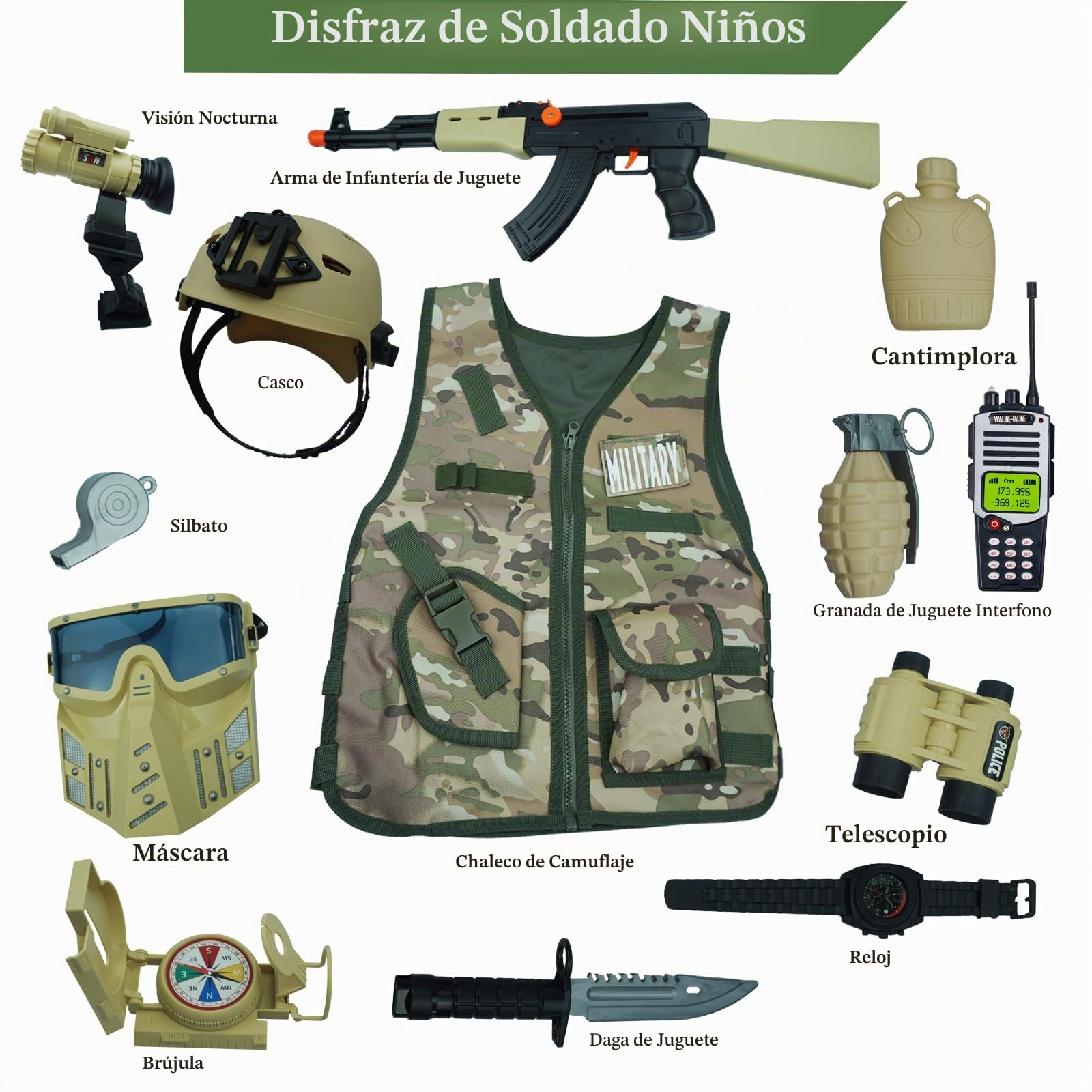 RedCrab Disfraz de Soldados con 13 Accesorios Piezas Chaleco de Camuflaje Casco Walkie Talkie Disfraz Soldado Niño Cosplay Halloween Carnaval ‎3 4 5 6 7 8 9 10 Años