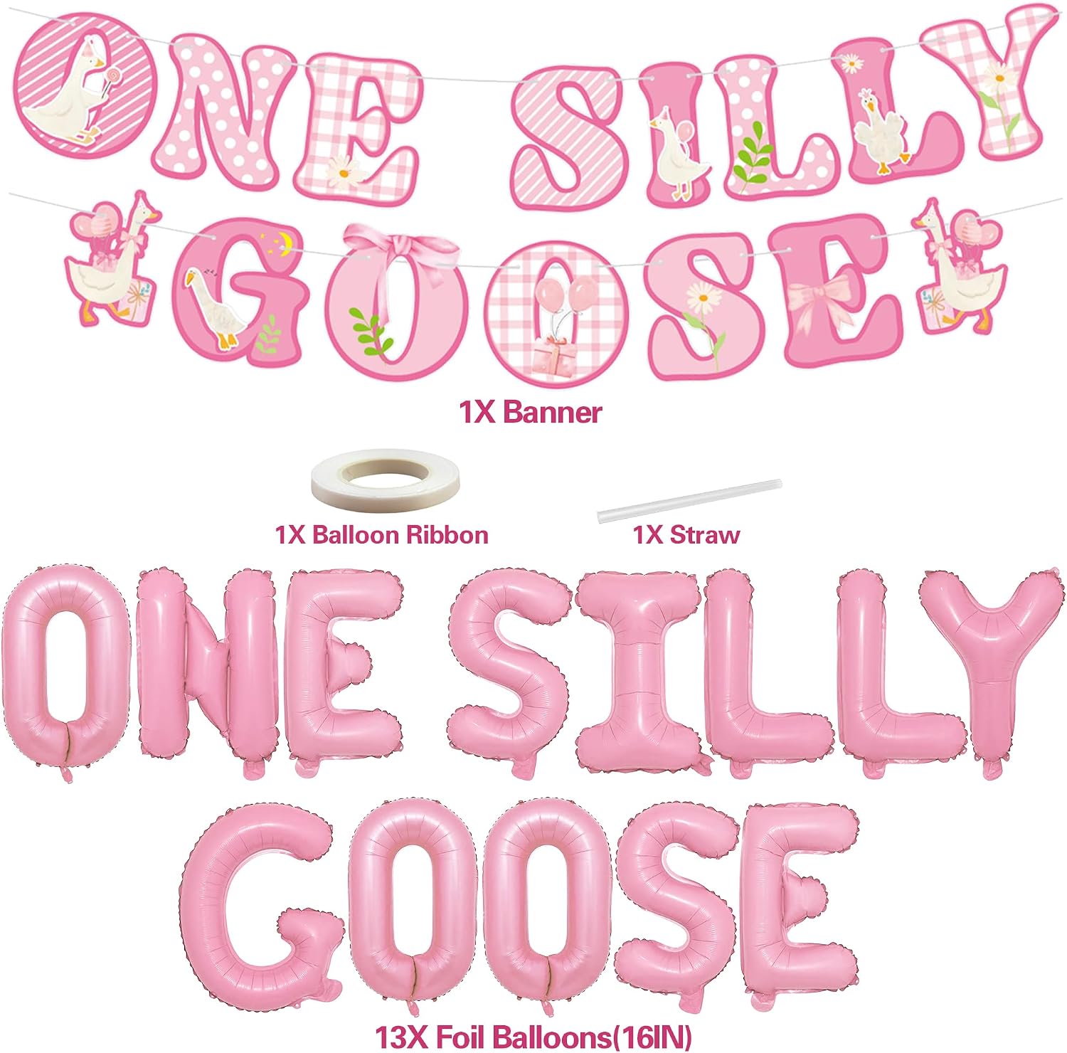 One Silly Goose Birthday Decor - Pink Goose Banner Balloons Party Decorations for Boys, Funny Geese Supplies for Baby Showers and 1st Birthday Theme Party