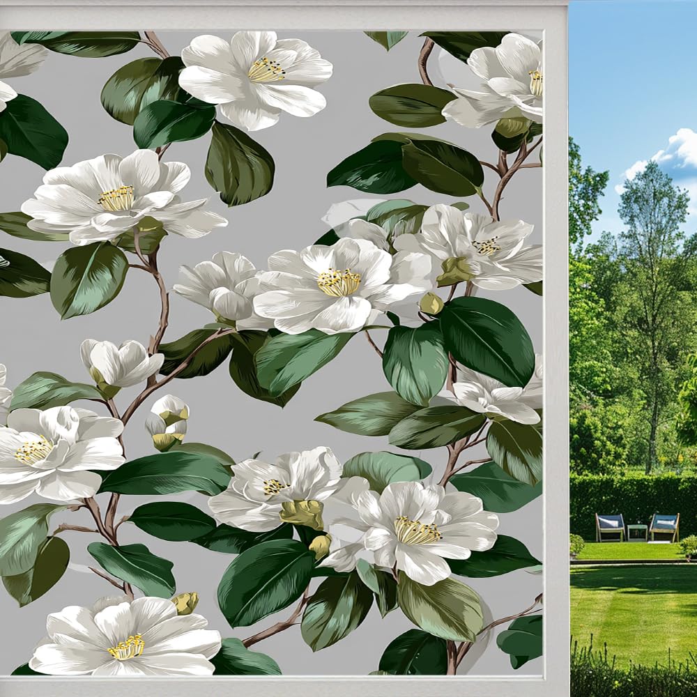 Pmlbaous Natural Flowers Stained Glass Window Film, Rural Camellia Botanical Peel And Stick Privacy Film, Frosted Adhesive Vinyl Decorative For Bathroom Windows Glass Doors, （45X60cm）