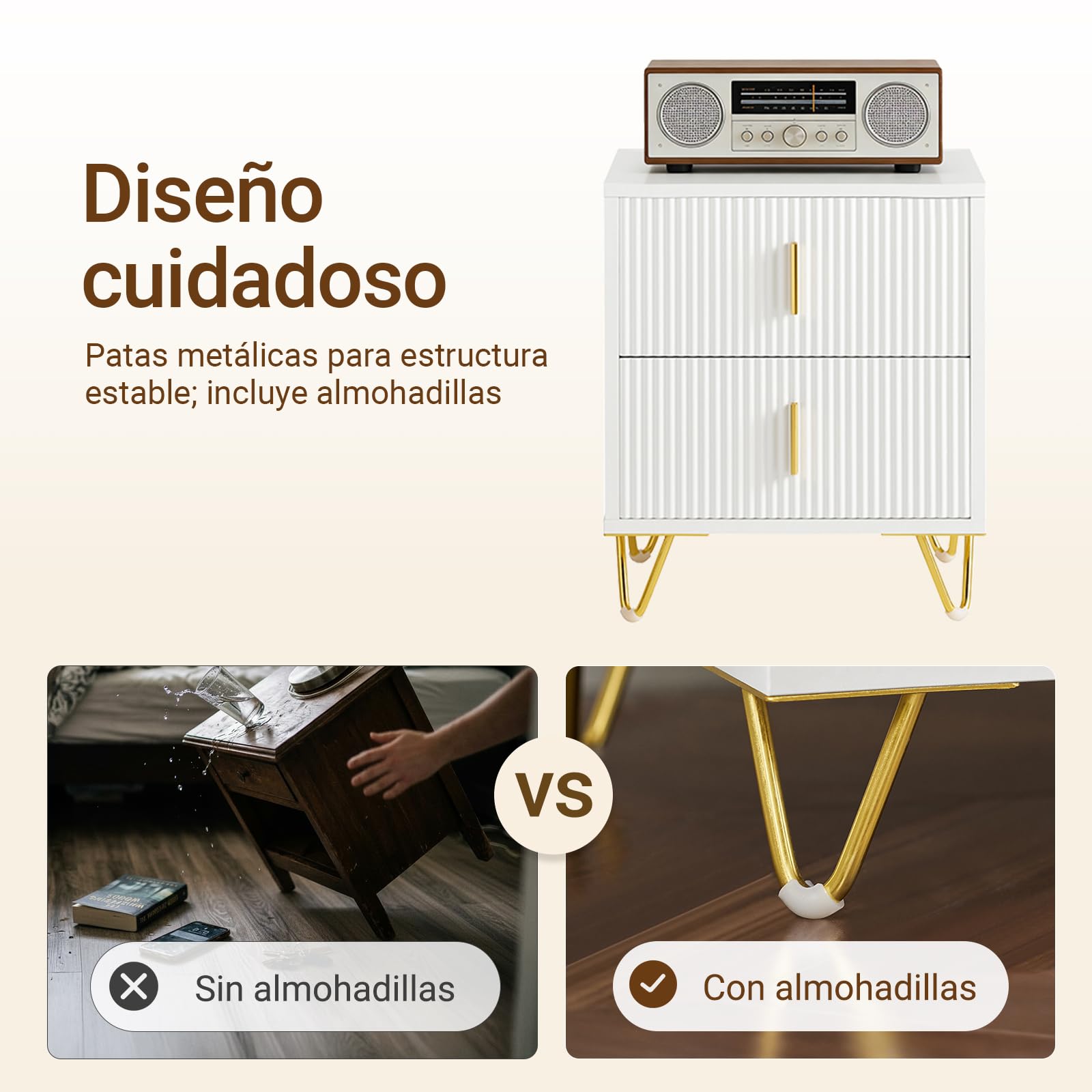 SoBuy Juego de 2 Mesita de Noche con 2 cajones y Patas metálicas Doradas, Mesa de Noche Moderna para Dormitorio y salón, Ideal para Estudiantes y familias, Blanco, 40x40x47 cm, FBT115-Wx2