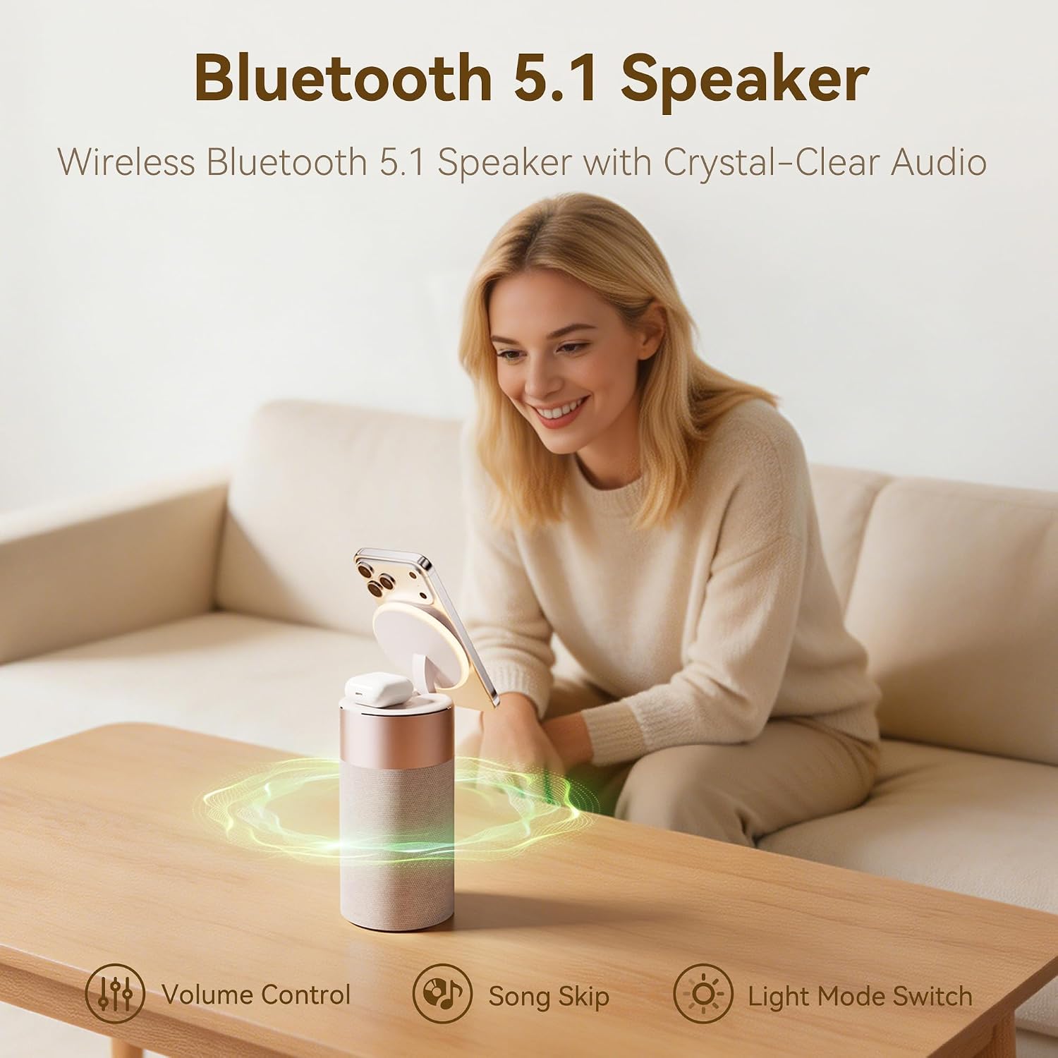 4-in-1 Portable Bluetooth Speaker, 15W Portable Speaker Magnetic Wireless Charger, Dimmable Night Light with Phone Stand, Wireless Charging for 17/16/15/14/13/12 Series AirPods Pro/3/2 Gifts for Women