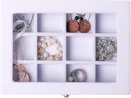 Miniatura 5 de Frebeauty Bandeja organizadora de joyas con tapa transparente, 12 rejillas de terciopelo para cajón con tapa transparente, vitrina de joyería,