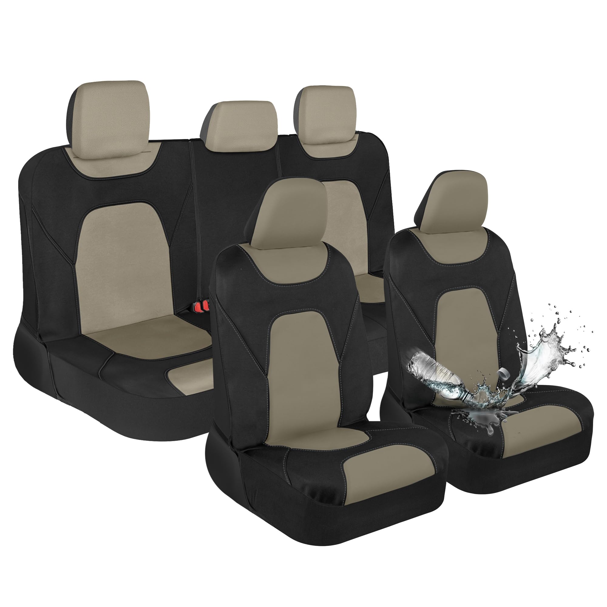 Motor Trend Waterproof Car Seat Covers Full Set – Black & Beige Seat Covers for Car Front & 60/40 Split Back Bench - Carseat Cover for Trucks, SUV -
