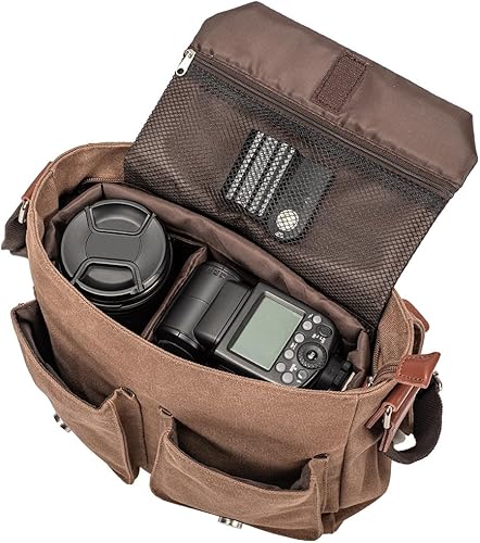 Miniatura 3 de Peacechaos morral de cuero y lona para computadora portátil + morral de lona para cámara Dslr Slr, marrón (2)