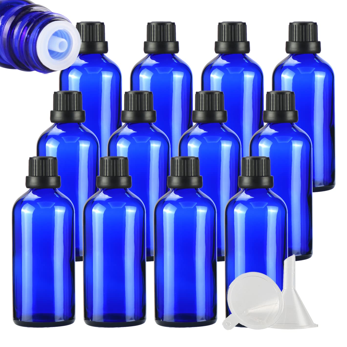 24 Piezas 100ml Botella de Cristal Azul con Tapón Cuentagotas Negro con Obturador, Frasco de Vidrio con Tapón a Rosca a Prueba de Manipulaciones para Cosmético, Aromaterapia, Viajes