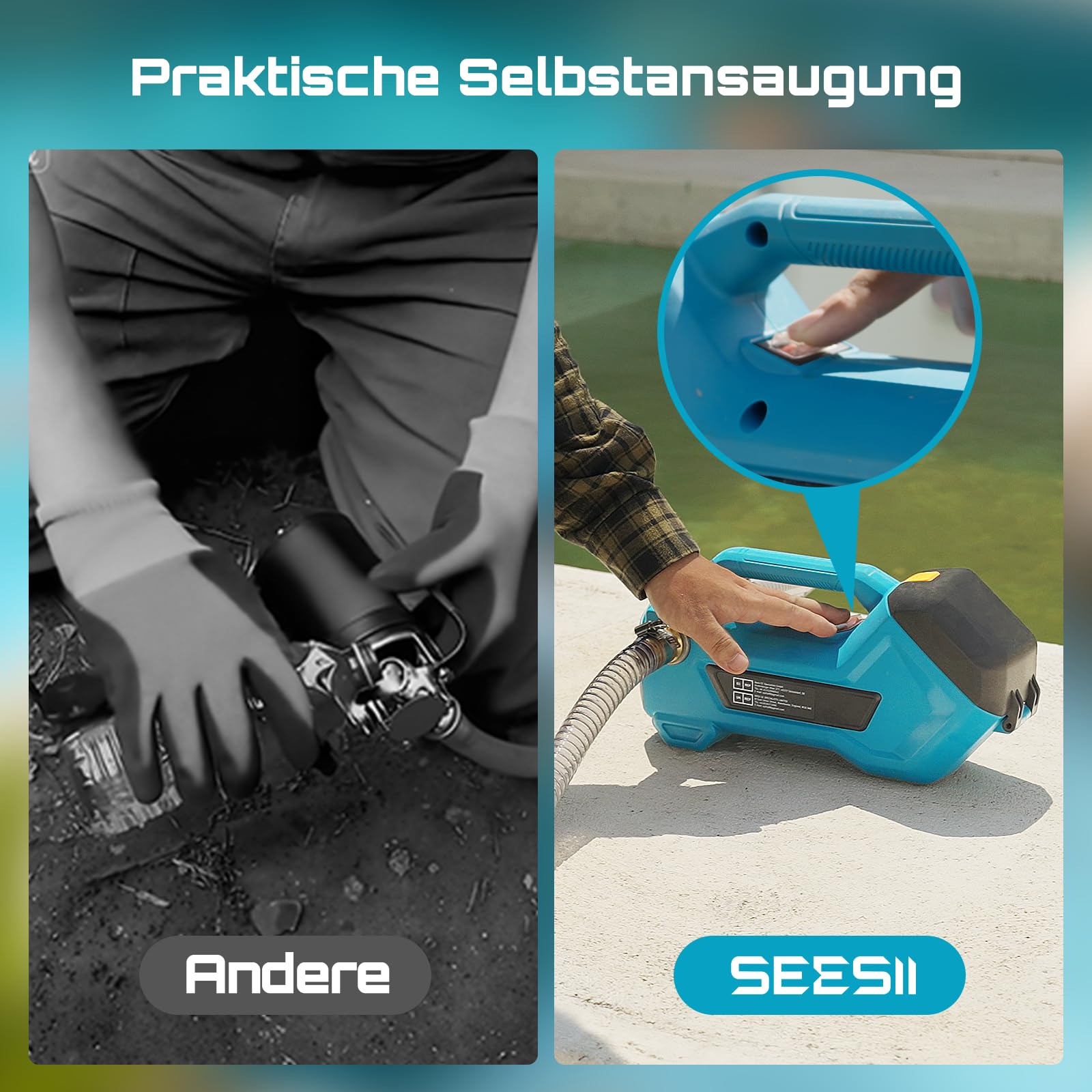 Seesii Pompa di trasferimento senza fili per acqua/diesel, 2880 l/h, autoadescante, batteria 2 × 4000 mAh, pompa elettrica portatile per camper, giardino, vasca idromassaggio, piscina, stagni, acquari