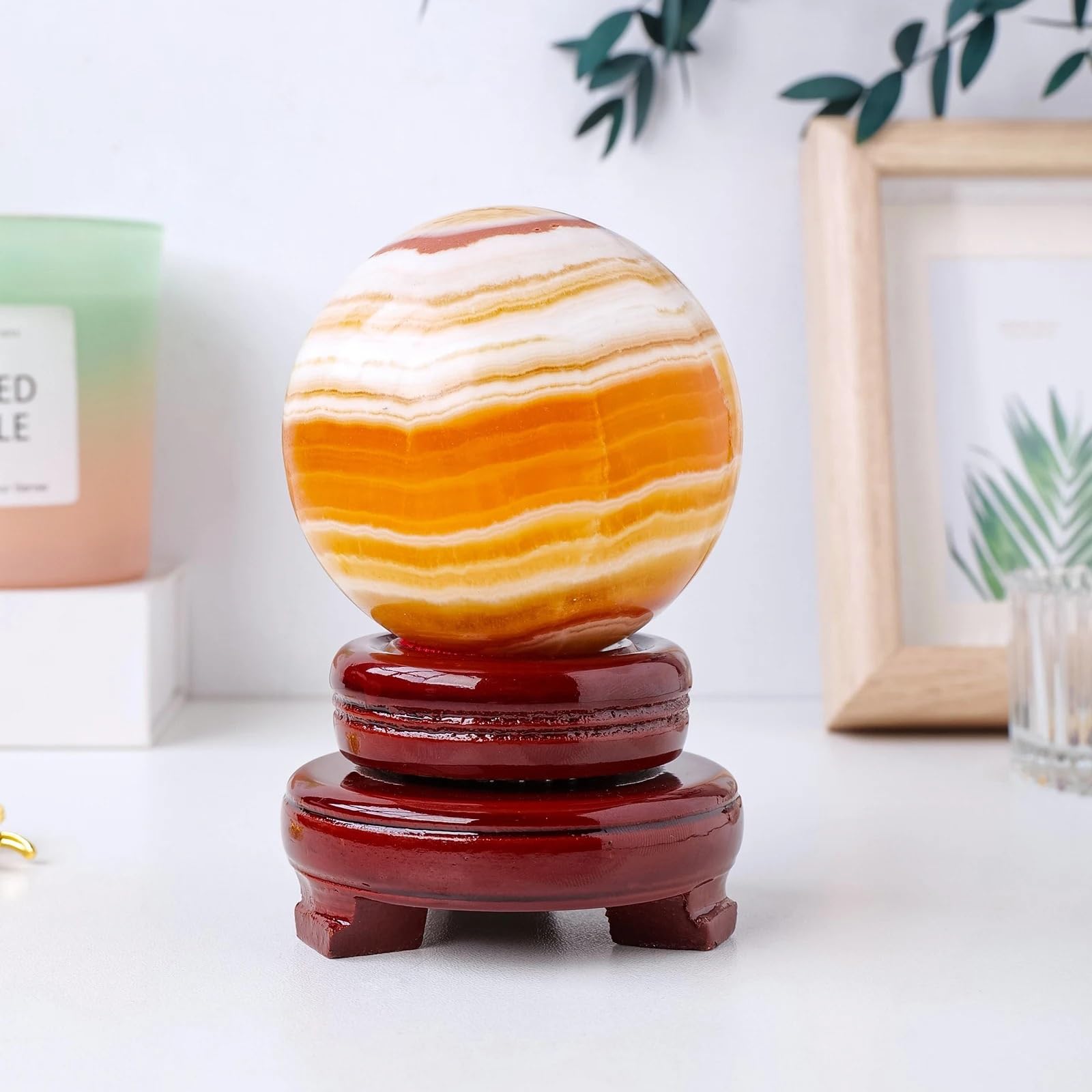 SSOPTMCB 1PC Quartz Sphere Yellow Calcite Crystal Ball Stone Home Decoration with Wooden Base Ornaments (Size : About 7-8cm) Gemstone Stone
