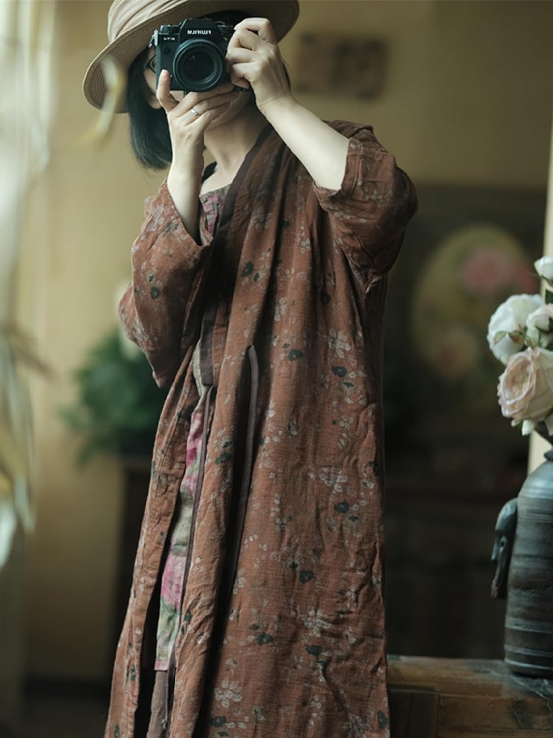 LUZU JUNU Women's Lightweight Cotton Kimono Floral Tie Up Loose Boho Cardigan Open Front Trench Coat Shawl With Pockets - Image 7