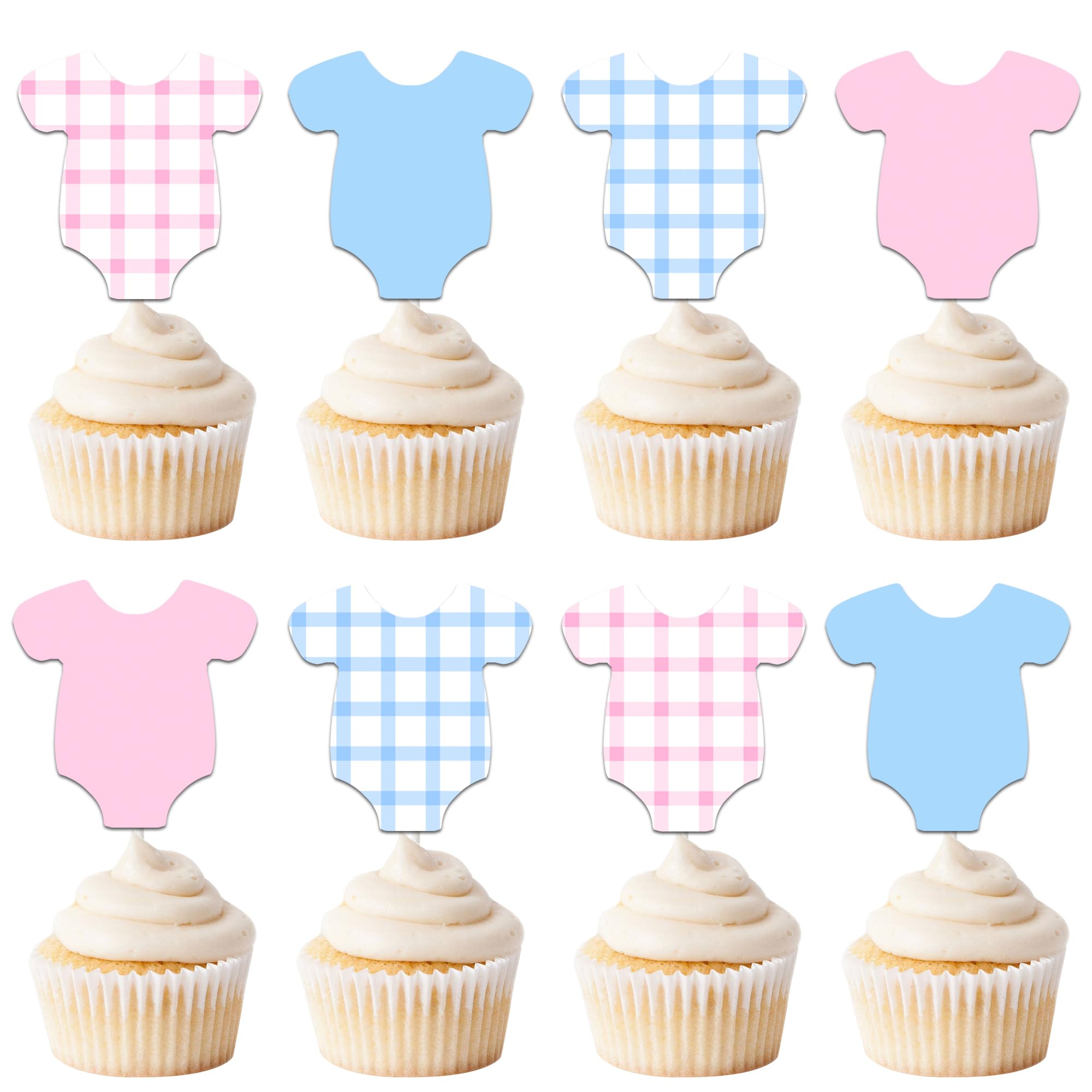 Blue and Pink Jumpsuits Cupcake Toppers 24PCS Baby Gingham Bodysuit Theme Party Decorations Baby Bodysuit Cake Toppers for Boys Girls Gender Reveal Party Supplies