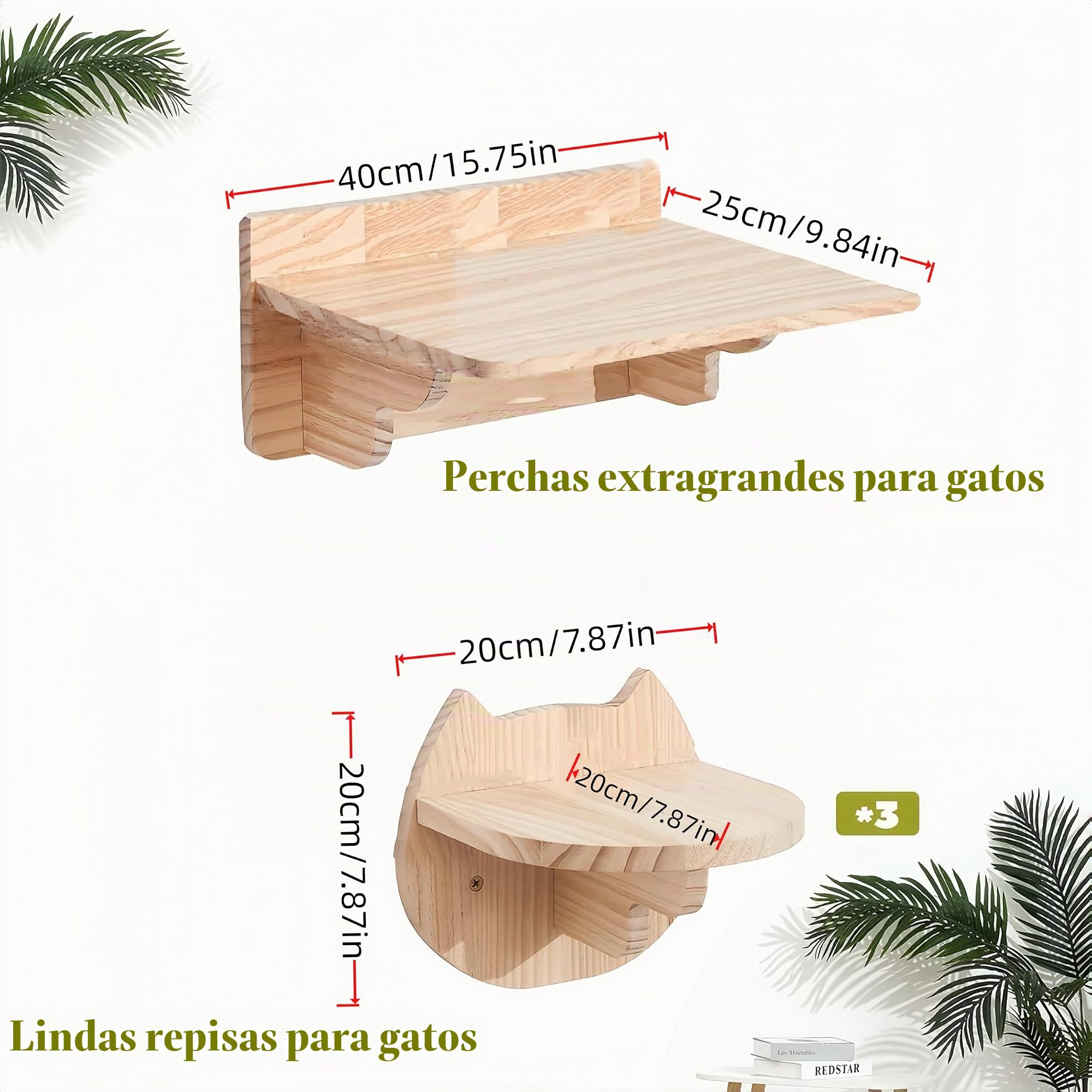 Hamaca de Pared Para Gatos Con 3 Niveles - Mueble de Madera Maciza Cubierta de Felpa Para Escalar, Dormir y Jugar
