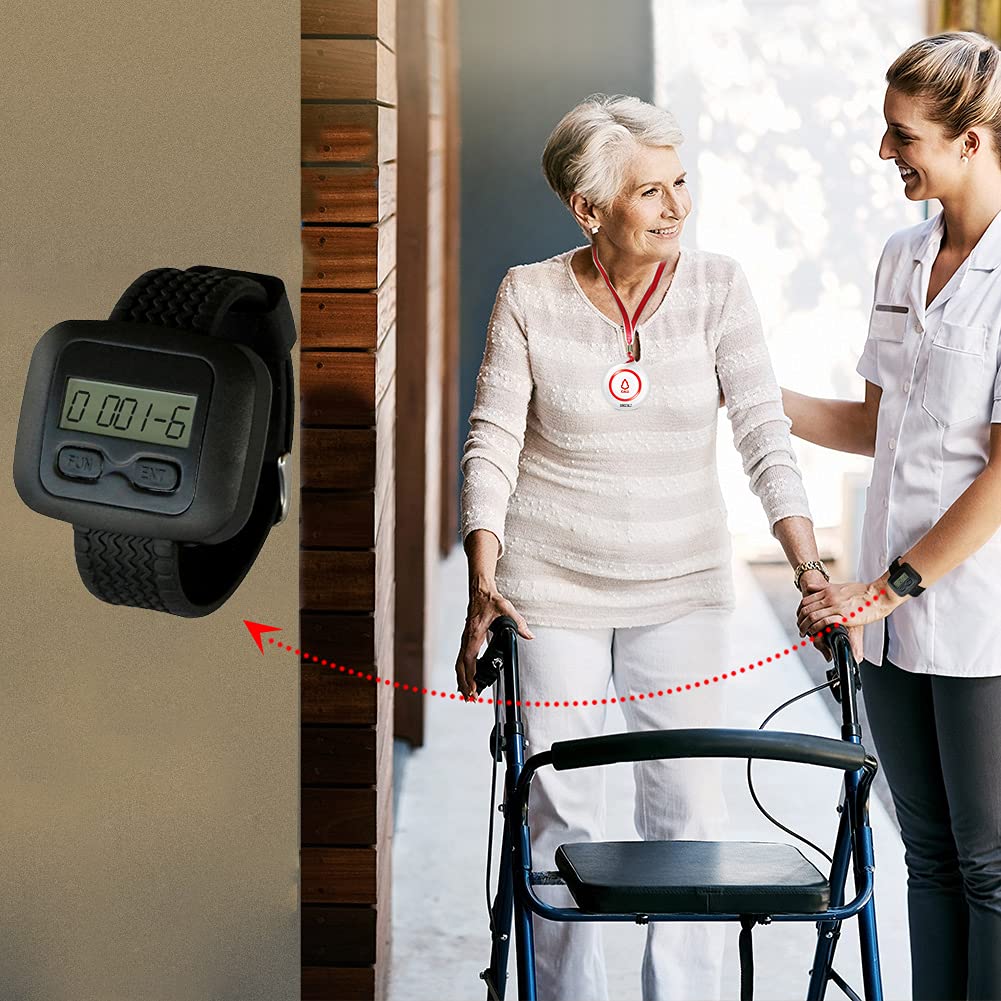SINGCALL Botón de Llamada Inalámbrica SOS del Buscapersonas del Cuidador System de Alerta de Enfermería para Ancianos / Pacientes / Discapacitados 1 Receptor Móvil 2 Botones de Llamada