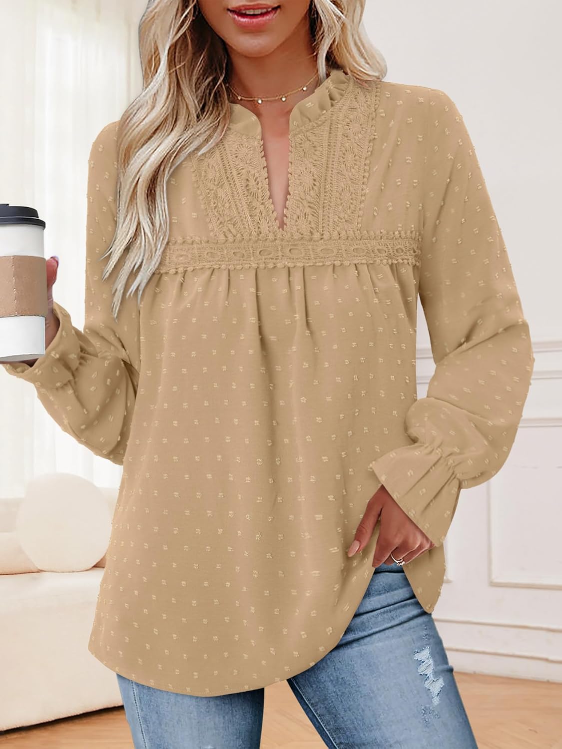 BETTE BOUTIK Womens Boho Fall Fashion Tops Long Sleeve Casual Shirts Flowy Swiss Dot Blouses - Image 3