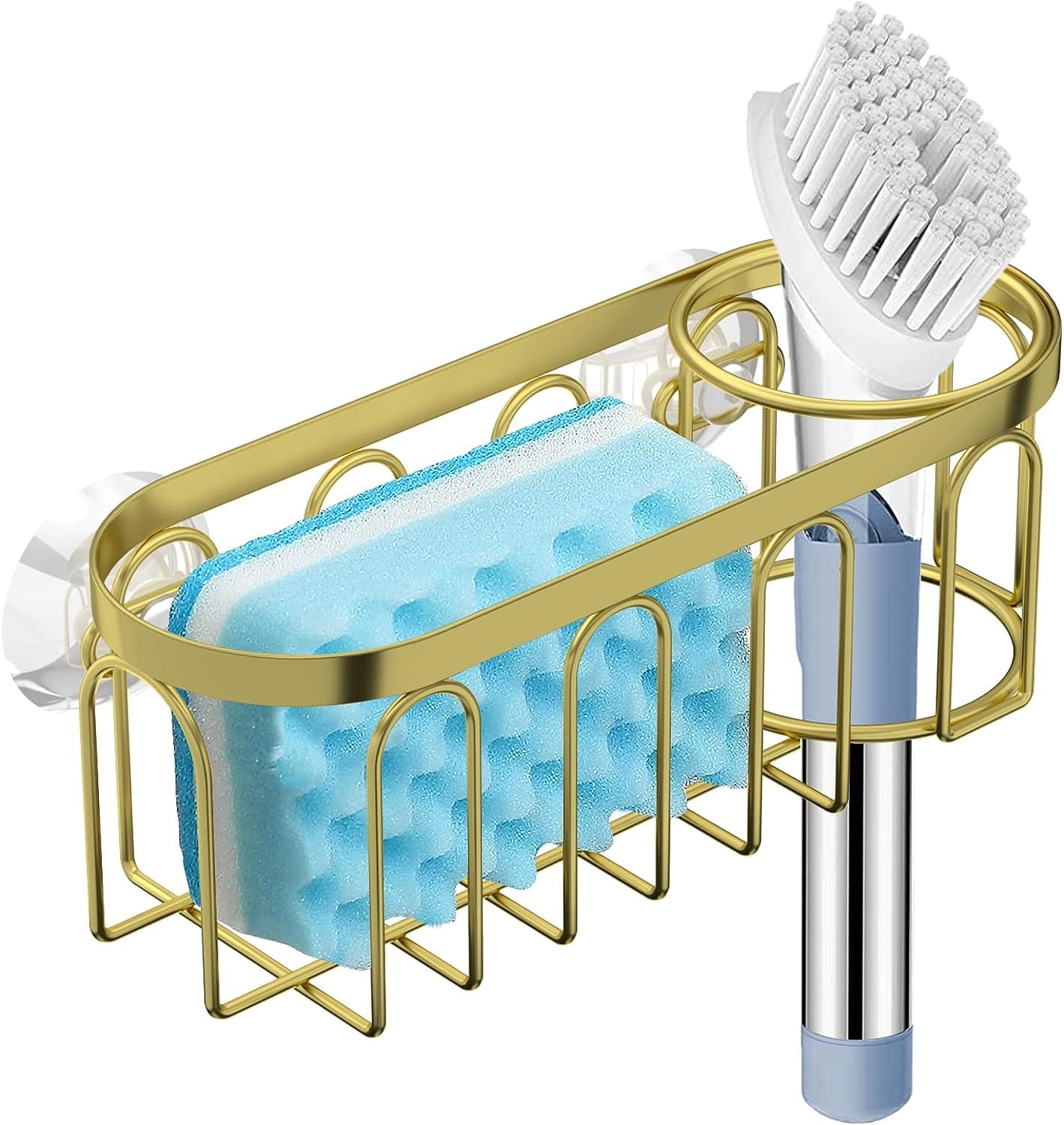 Kdaooy Sponge Holder,SUS304 Stainless Steel 2-in-1 Suction Cup Rack Caddy, No Drill Rustproof Kitchen Sink Organizer for Place Dishwashing Brush Soap and Sponge (Gold)