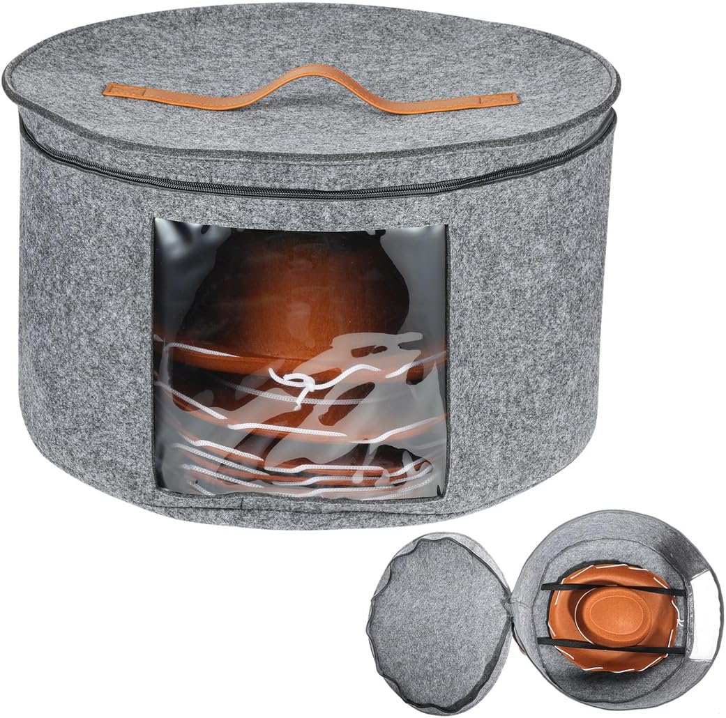 Large Round Felt Hat Storage Case, 43Cm X 25.5Cm Portable Organizer With Handle, Transparent Window, Zipper Lid For Closet, Travel & Plush Toy Storage