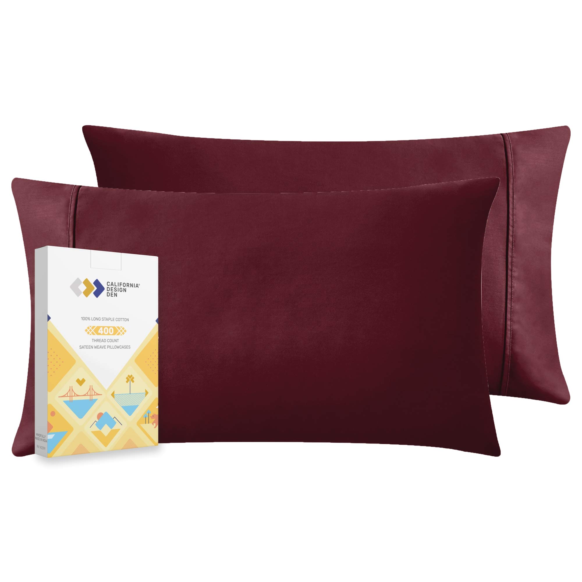 Burgundy Red Wine King Pillow Covers - 400 Thread Count 2 Piece Pillow Case Set, Natural Long Staple Combed Cotton, Lightweight Sateen Weave Pillow Cases