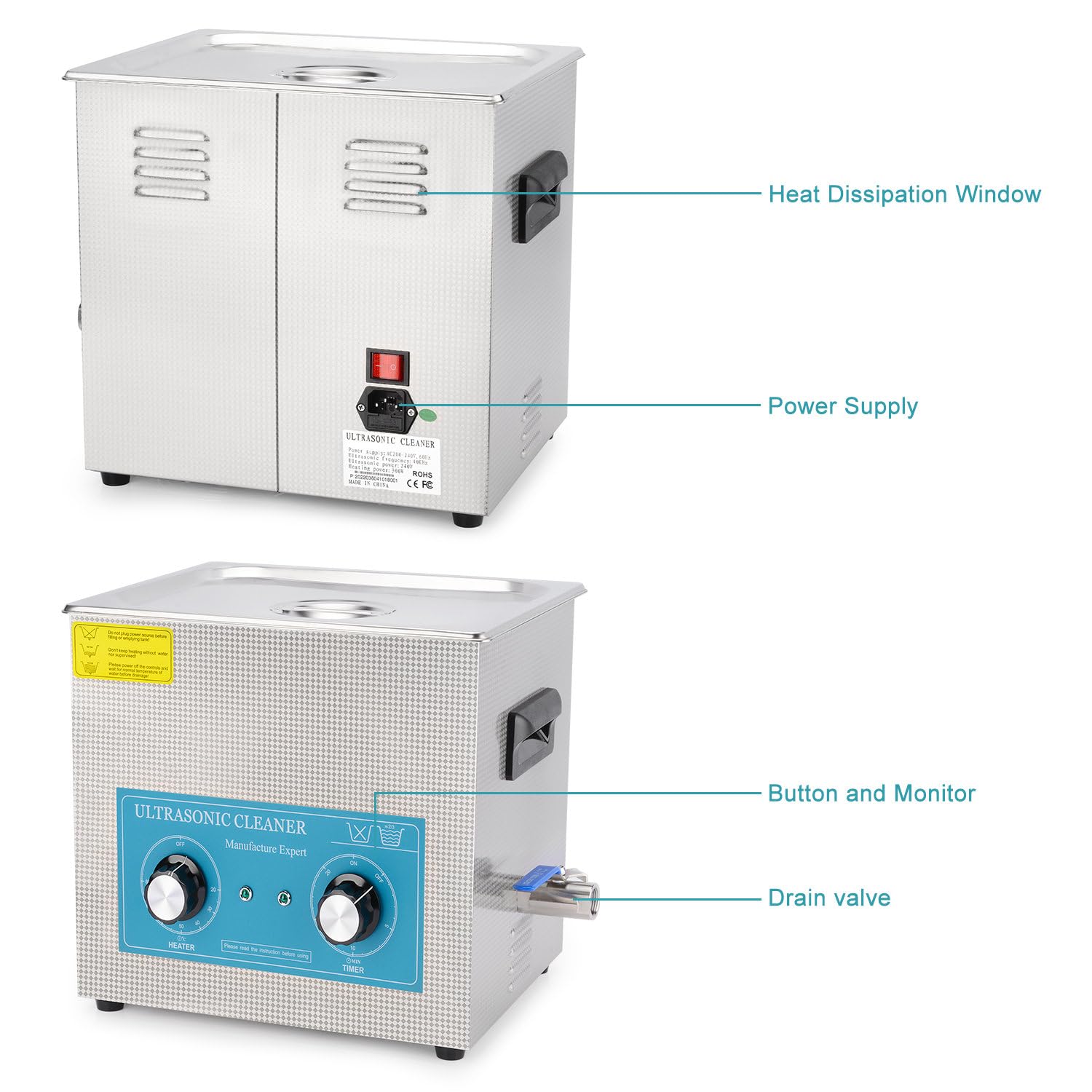 stonylab Limpiador Ultrasónico, Acero Inoxidable 304 limpiadores Ultrasonidos Profesional Multiusos con Panel de Control Mecánico de Calefacción y Temporizador para Laboratorio 40kHz 220V, 10L