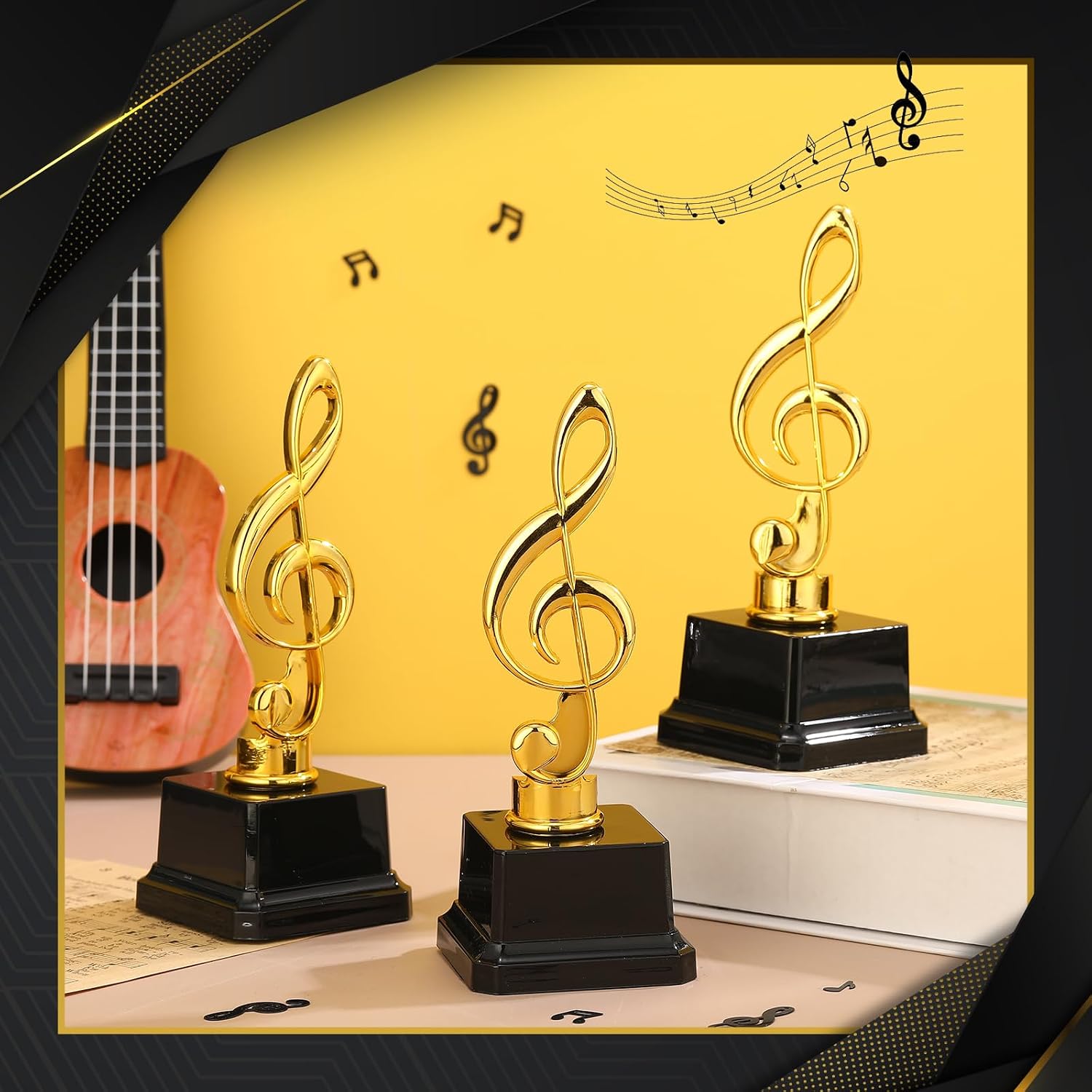 Affrolling 6 Pcs Small Gold Music Trophies 6.7 inch Plastic Music Note Trophy Awards for Team Participation Gift Prizes