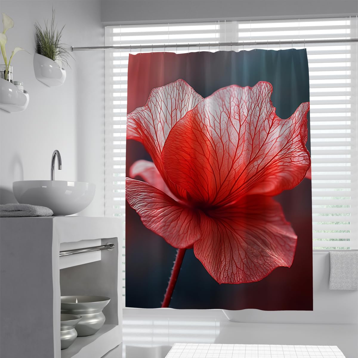 UIRINGART Elegant Red Poppy Shower Curtain W180xL220cm Translucent Flower Petal Dark Background Print Mildew Resistant Bath Curtains With Hook For Walk In Shower Home Hotel