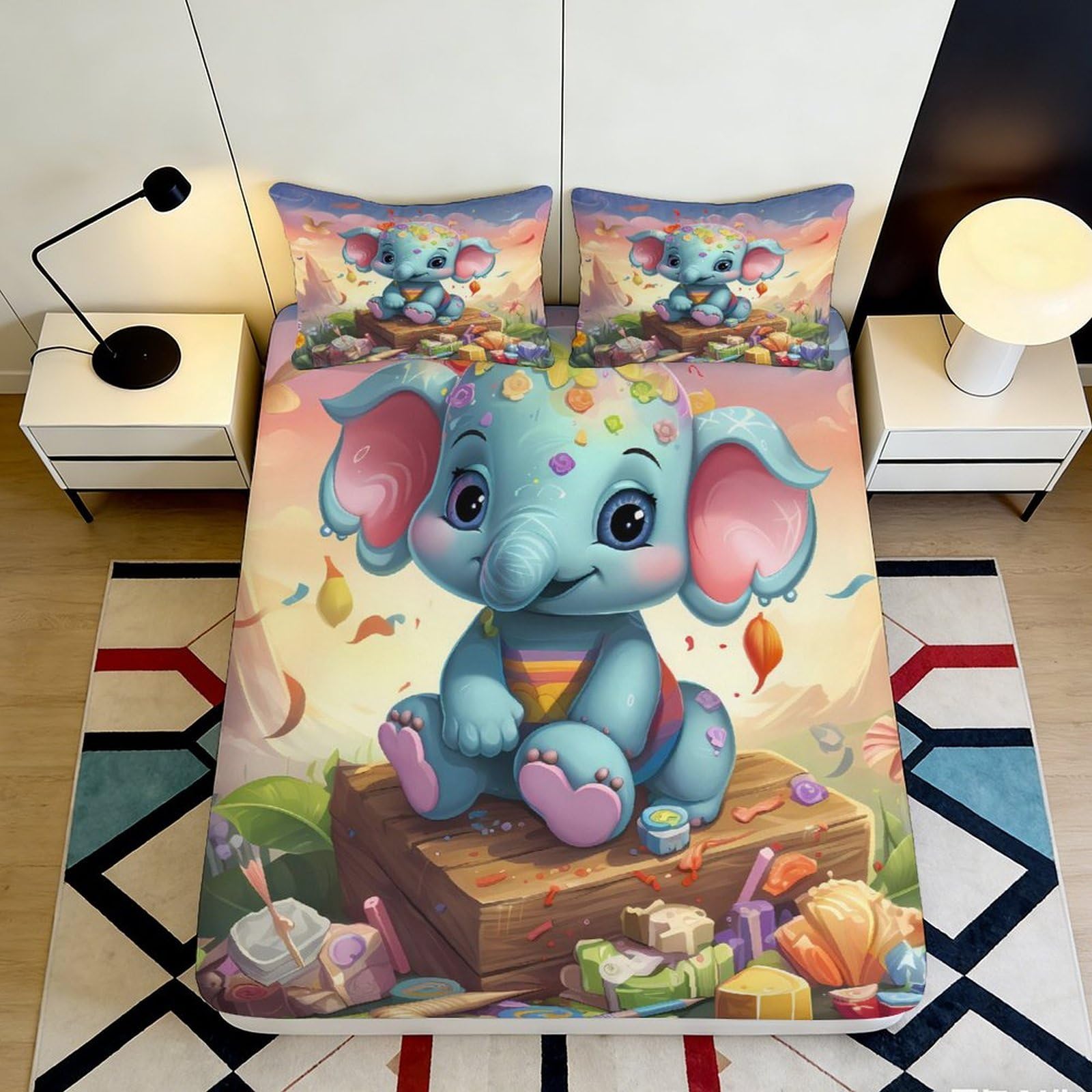 3D Printed Cute Elephant Fitted Sheet Microfiber Soft Durable Cartoon Animal Bed Cover for Bedroom Dormitory Guest Room Mattress Protection 120x200x25cm