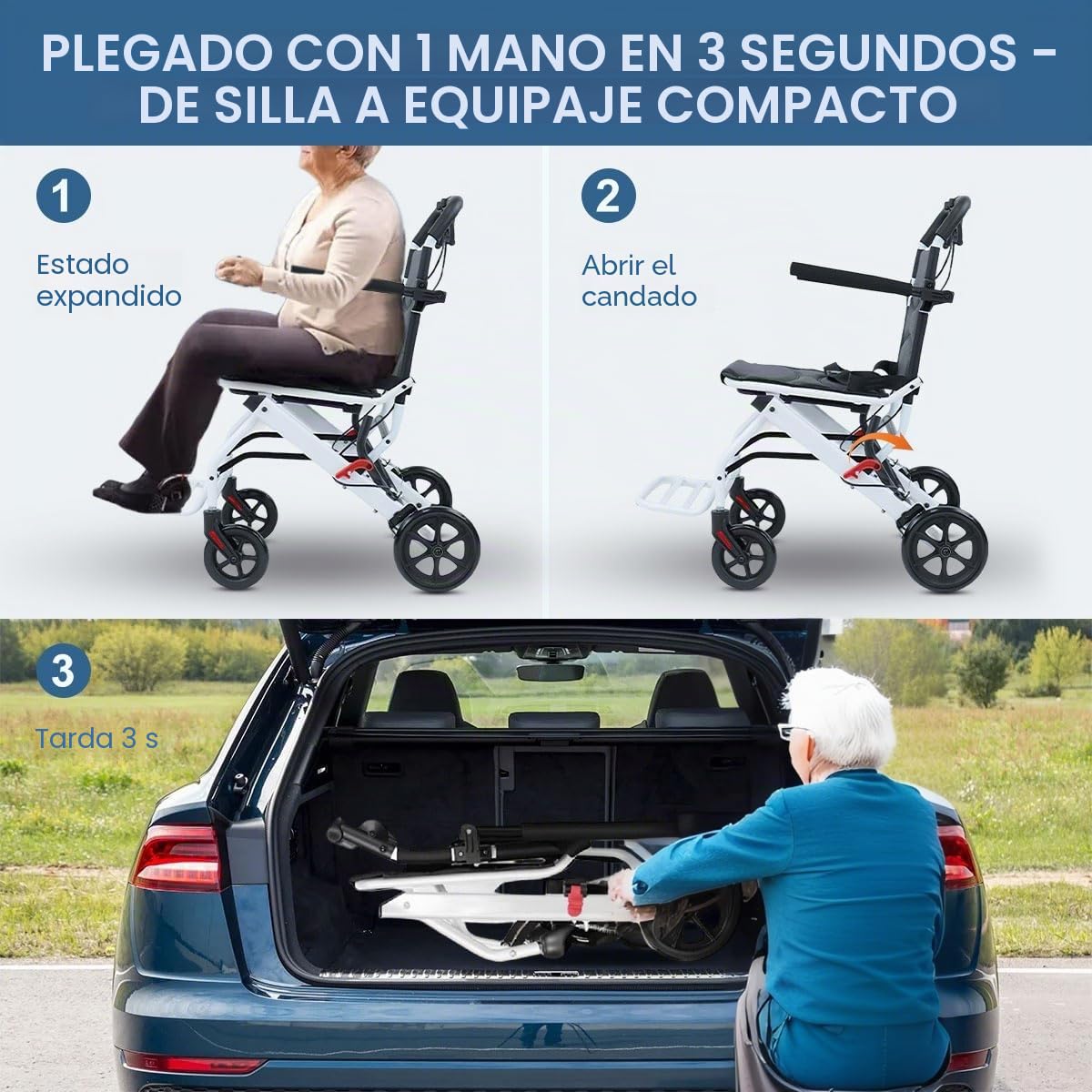 Silla de Ruedas Portátil de Viaje - Plegable y Ligera (18 Libras) - Para Adultos Mayores - Soporta 200 Libras