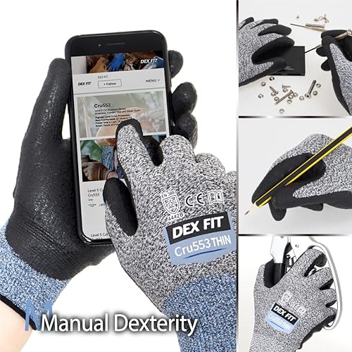 Miniatura 5 de DEX FIT Guantes Cru553 de precisión resistentes a cortes de nivel 5, agarre firme, ajuste cómodo 3D, ligeros y duraderos, compatibles con pantalla