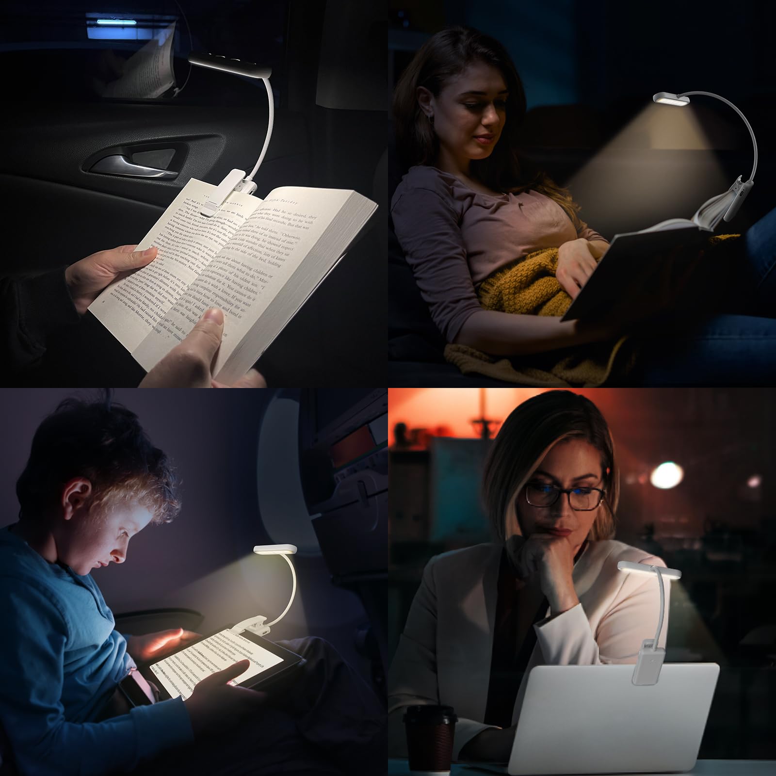 iFalarila 1 Pack Lampka do czytania książek, zacisk, szeroka osłona światła, ładowana przez USB C, lampka do książek z 3 kolorami i 10 poziomami jasności z możliwością ściemniania, elastyczna łabędzia