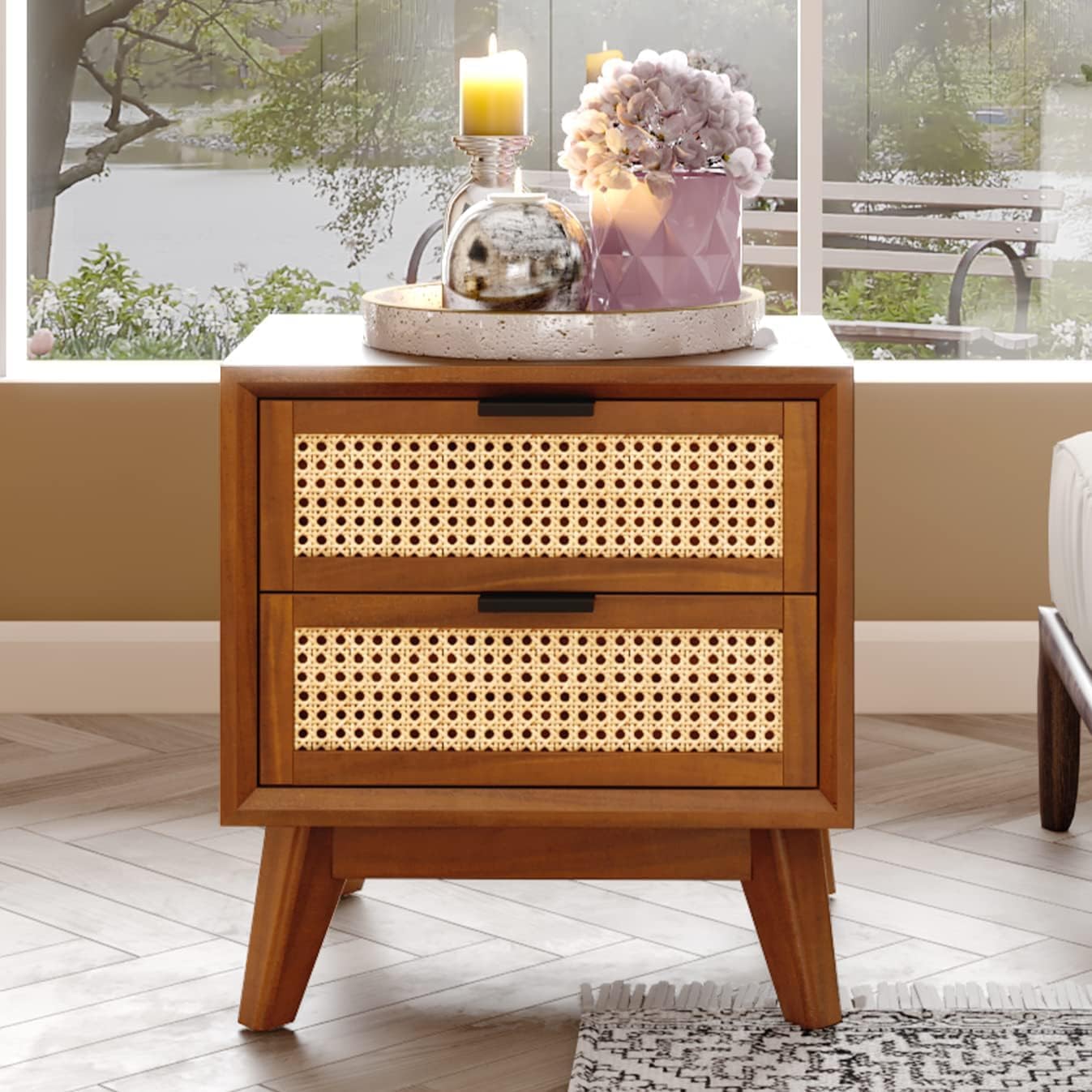 Arman HANDICRAFTS Wooden Bedside Table with 2 Drawers | Rattan Cane Design Nightstand for Bedroom & Living Room | Mid-Century Modern Side Table | Easy Assembly | Brown Finish-image-29