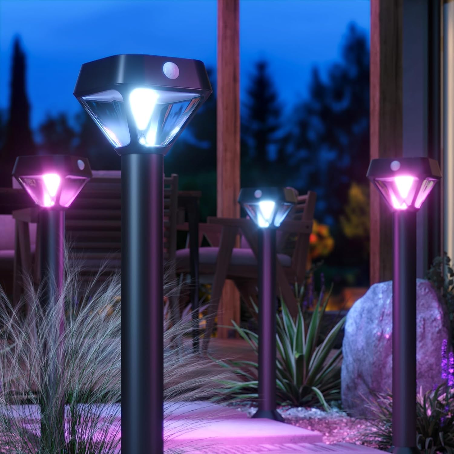XMCOSY+ Smart Solar Lights Outdoor with Motion Sensor, 150LM APP Control RGBCW Color Changing Garden Lights Solar Powered for Yard Pathway Landscape, Waterproof, 4 Pack