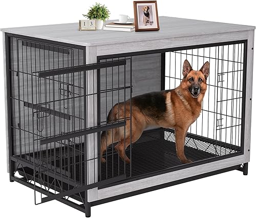 TLSUNNY Muebles de jaula para perros, mesa de madera de 44.1 pulgadas, perrera de interior con 2 puertas, moderna jaula para perros con bandeja