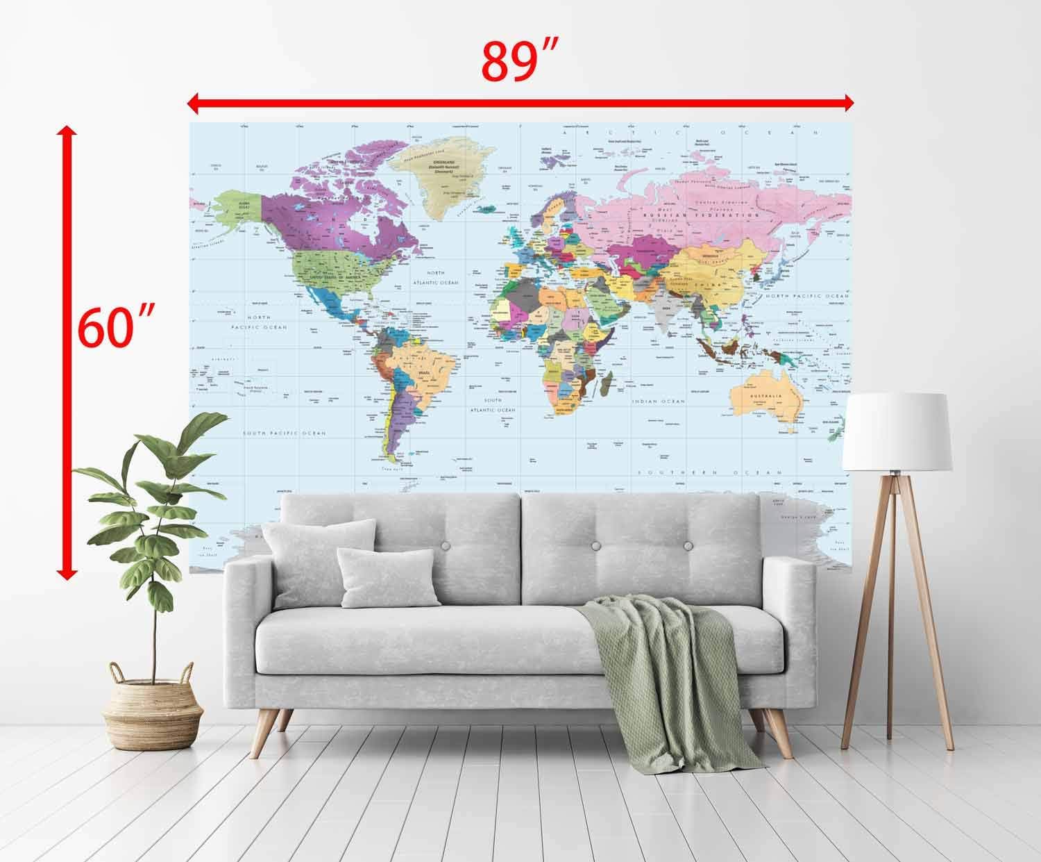Academia Maps Colorful World Map Mural, Giant 89x60 Inch. Self Sticking World Map Wallpaper. Peel and Stick Wall Decal. Easy to Apply, Safe for Walls