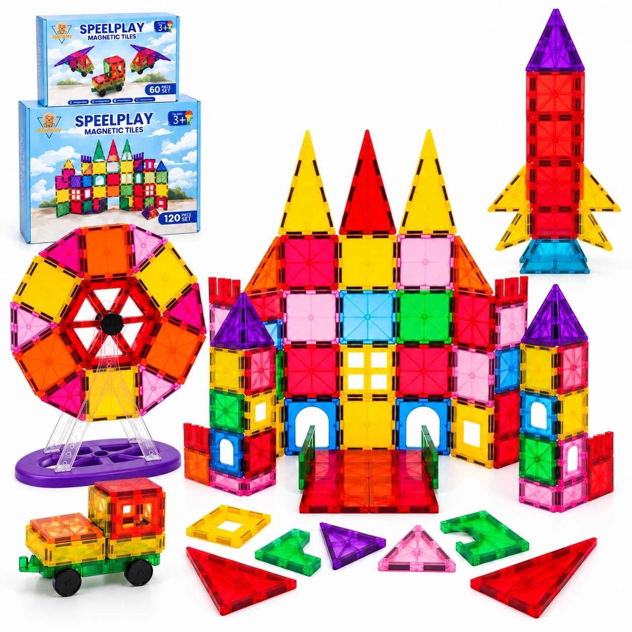 Magnetische Baufliesen 180 Stück XXL – Magnetfliesen mit Riesenrad & 3 Auto Fahrgestelle – STEM Bauspielzeug für Kinder ab 3 Jahren – Kompatibel mit Großen Marken