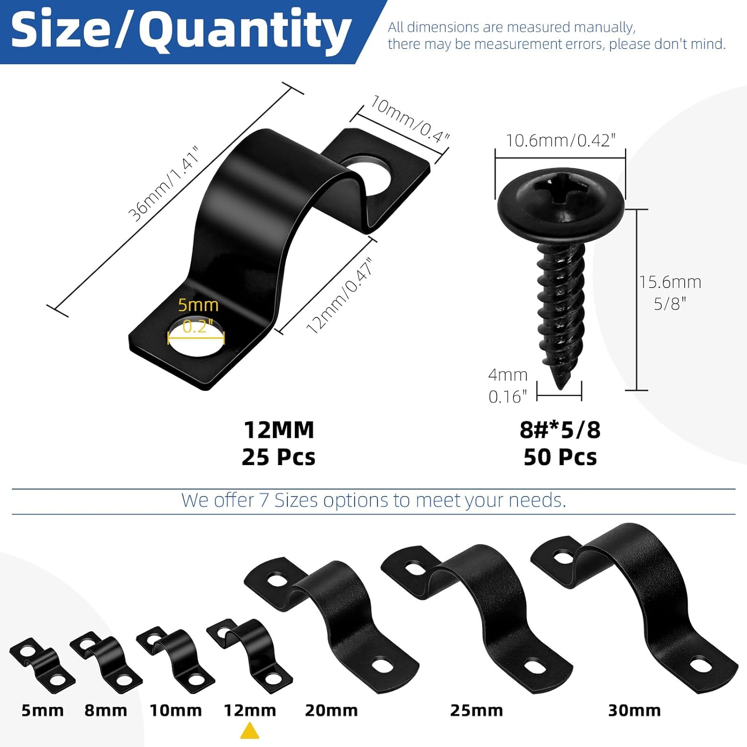 Glarks 25pcs 12mm Pipe Strap Clamp, Black Carbon Steel 2 Hole Strap Heavy Duty Rigid Pipe Strap U Bracket Tube Strap Cable Clamp Hanger Tension Tube Clip with 50pcs screw for Pipe Tube Cable Fixing