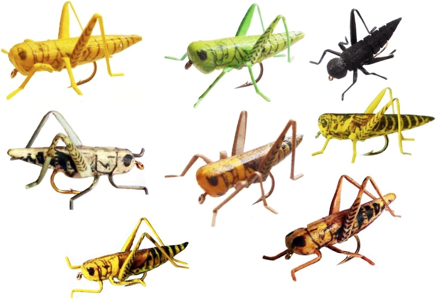 Ultra-Realistic Grasshopper & Cricket Fishing Flies Multi-Pack (8 Flies for Sizes 6 & 8, 7 Flies for Size 10)