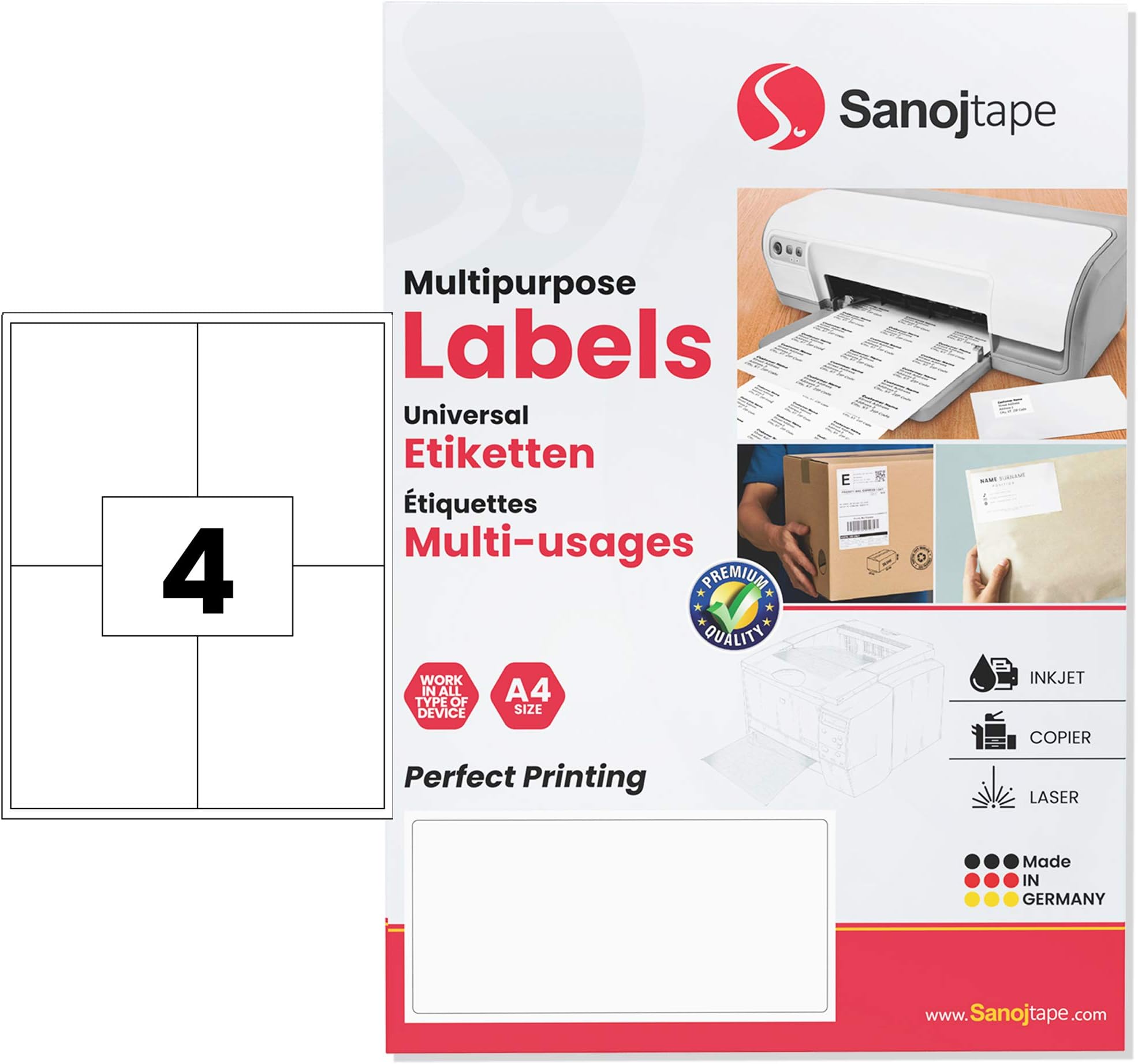 Universal A4 White Paper Labels | 105 x 148,5 mm – 400 Labels | 4 Labels per A4 Sheet | Permanent Adhesive for Mailings, FBA-Labels, Boxes | 400 Labels – 100 Sheets by Sanojtape