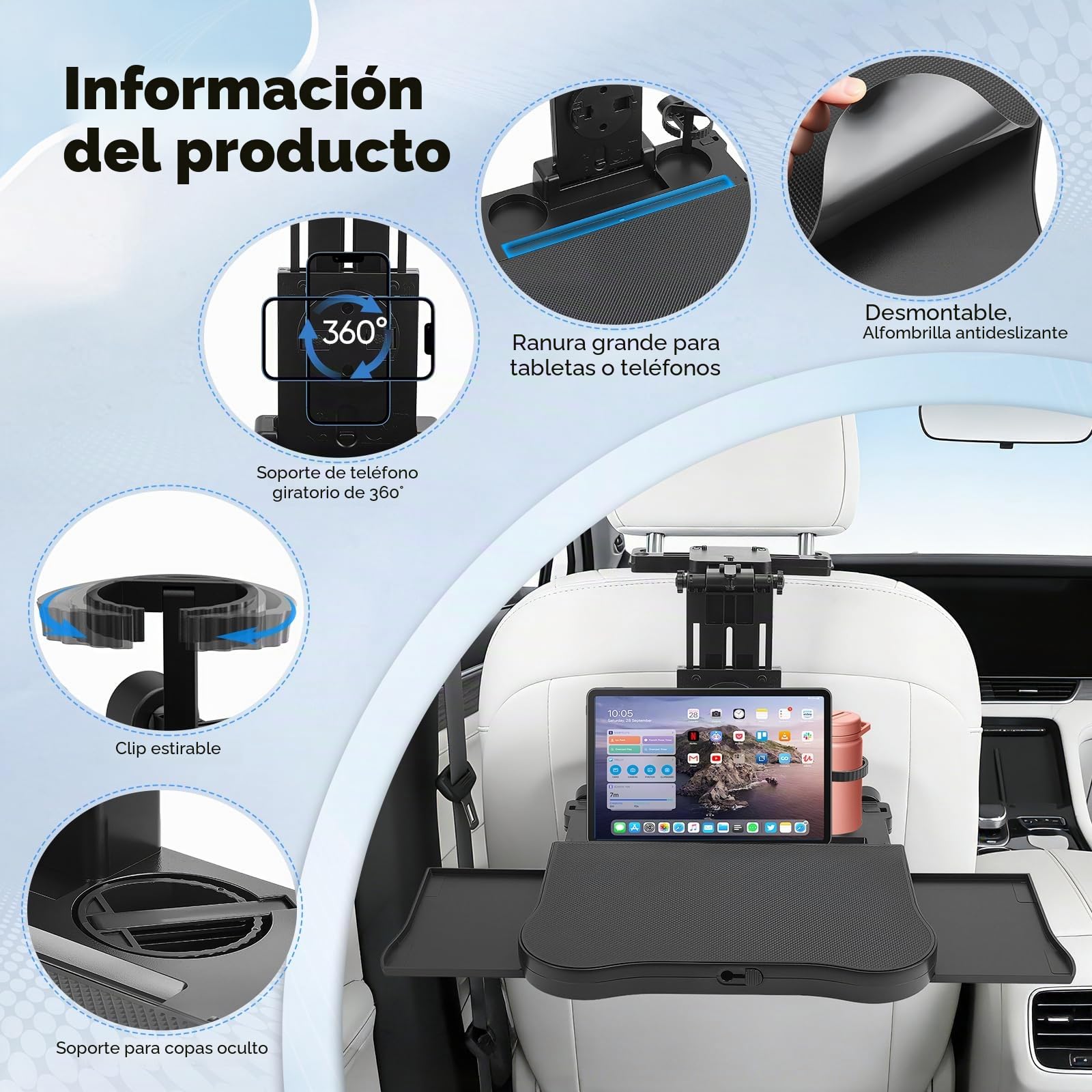 Mesa de Coche para Asiento Trasero de copiloto, Escritorio con Soporte para Bebidas y Soporte para teléfono móvil, Mesa de Comedor Multifuncional para Viajes en Coche, para Trabajar, Escribir