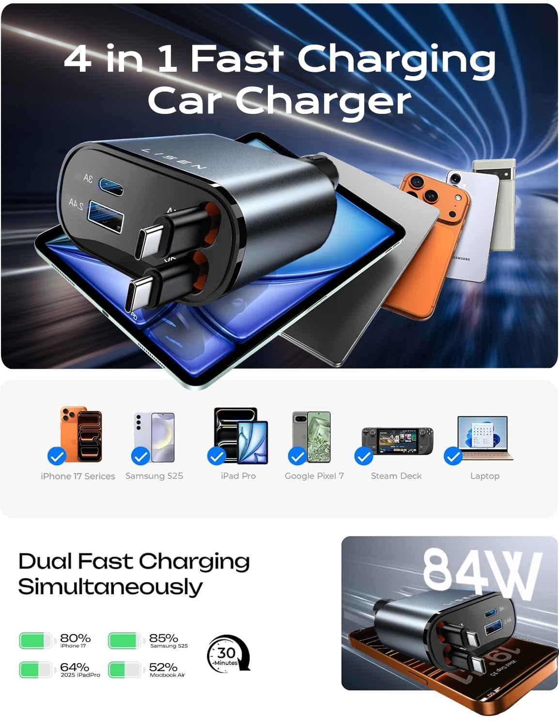 LISEN Retractable Car Charger, Dual USB C Retractable Cable Fast Car Adapter [84W Total] Travel Essential Car Accessories for Men Women, for iPhone 17 16 15 Pro Max, Samsung S26 S25 S24, Pixel, iPad view 5