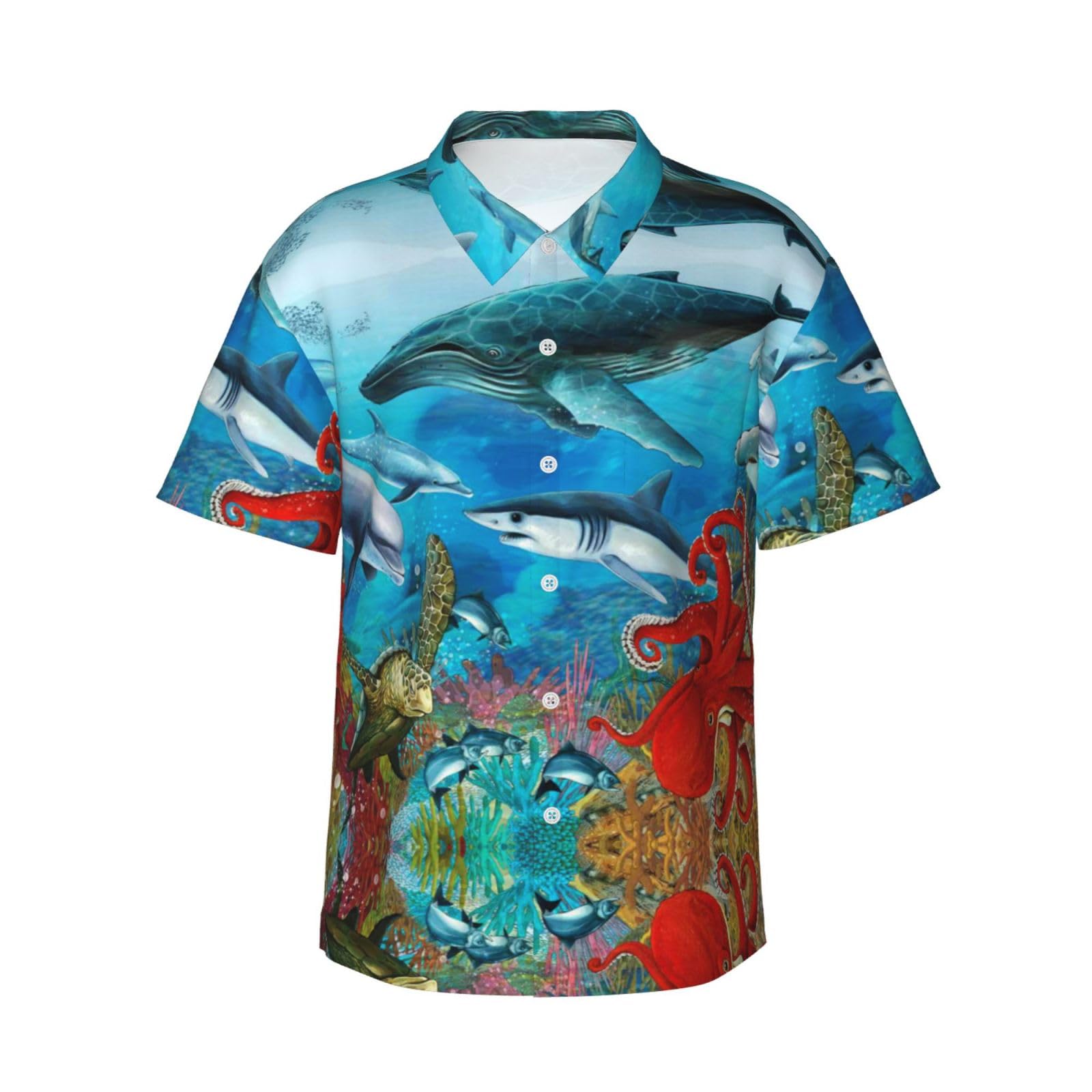 Dolphins Sea Turtle Octopus Coral Reef Hawaiian Shirt - Full-Print Short Sleeve Button-Up Shirt for Men and Teens, Perfect for Beach & Tropical Getaways