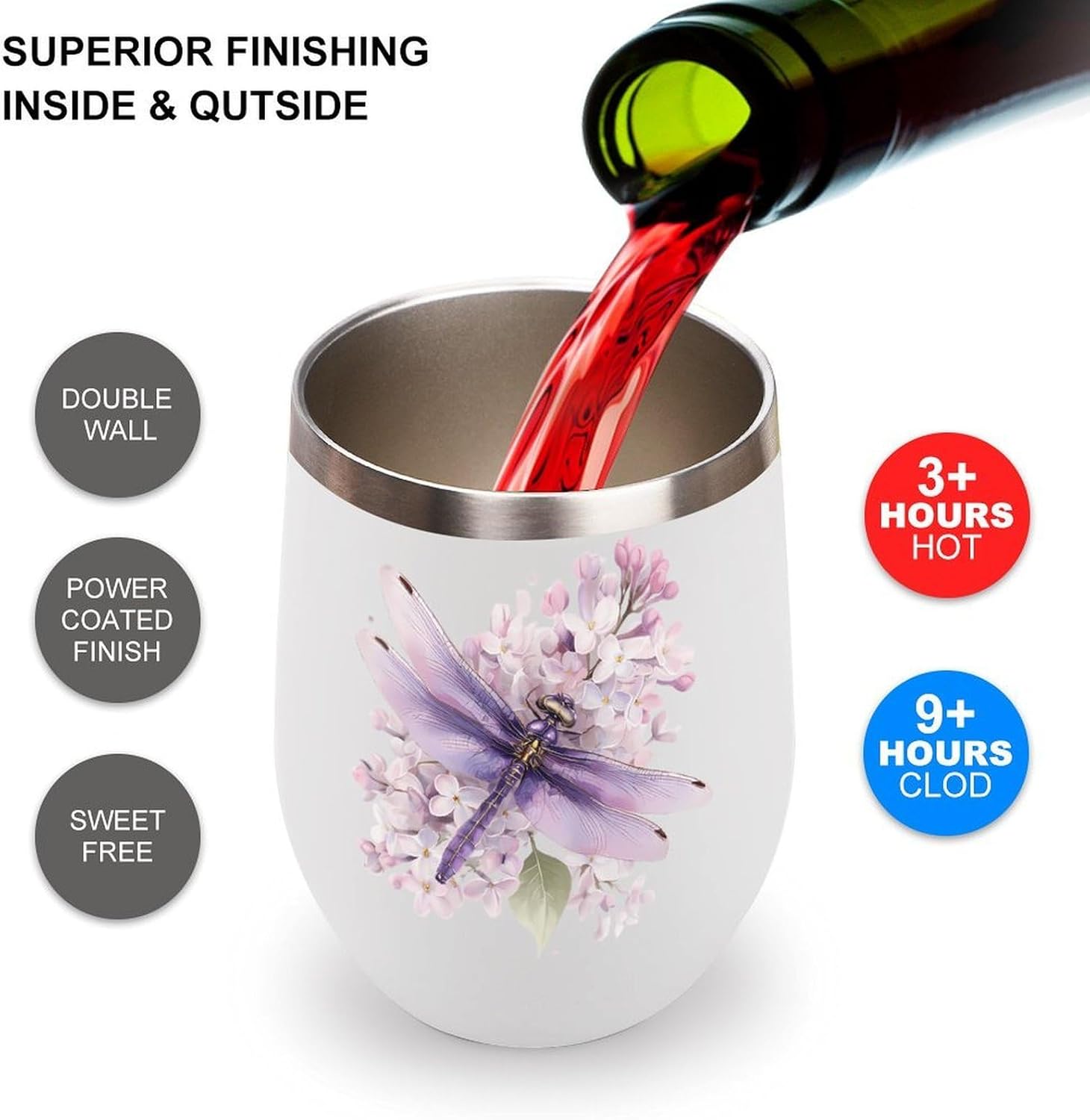 Dragonflys Lilac Flowers Insulated Drinking Cup Stainless Steel Coffee Mug Wine Tumbler with Lid 12OZ