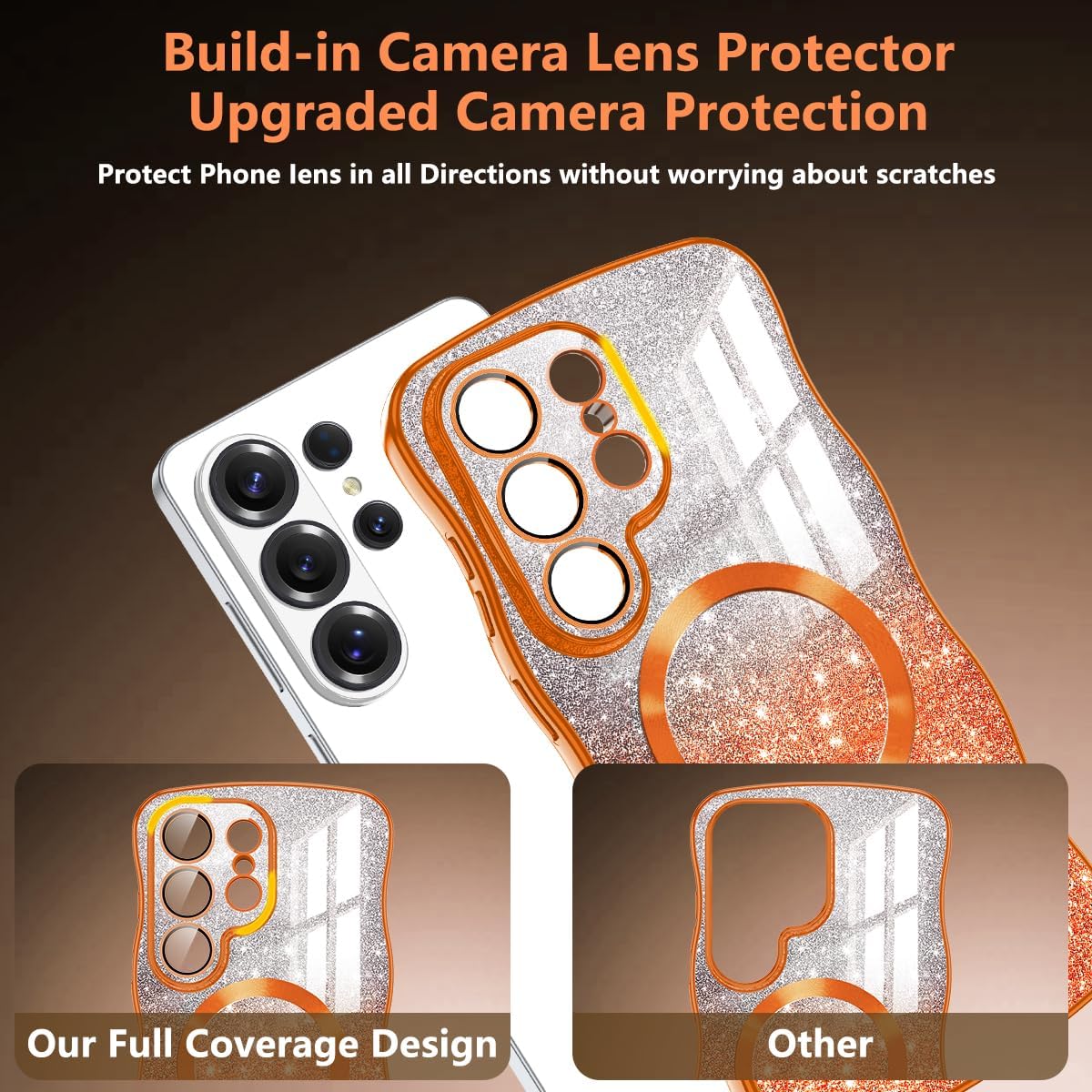 Meshine for Galaxy S26 Ultra Case,[Compatible with MagSafe][Built-in Camera Lens] Magnetic Curly Wavy Frame Shockproof Shiny Cute for Women Girls Cover for Samsung Galaxy S26 Ultra,Glitter Orange image 4