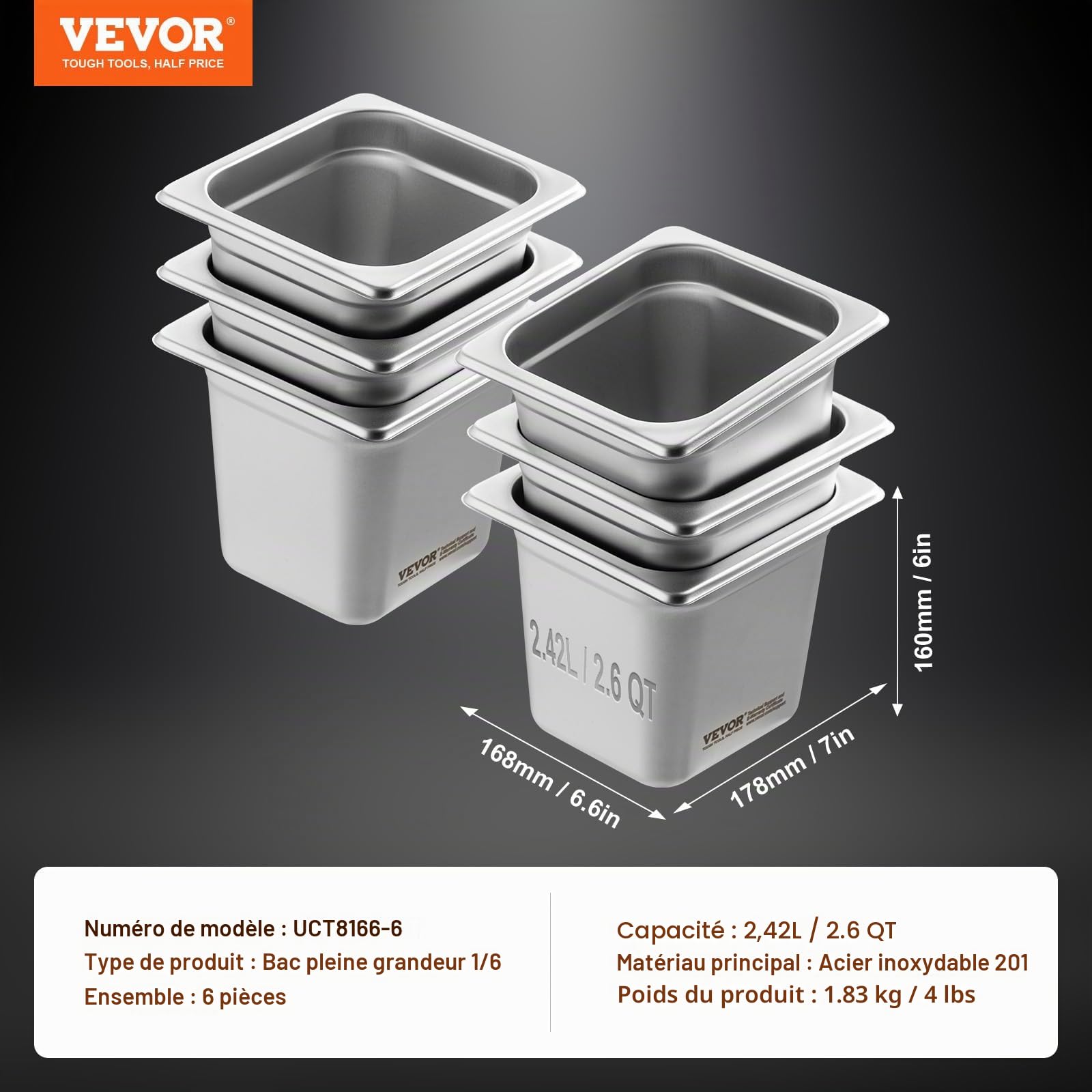 VEVOR Bac Gastronorme GN 1/6 Lot de 6, Récipient Inox pour Bain-marie 0,8 mm d'Épaisseur, Bac Inox Alimentaire 16 cm Profondeur, pour Fours à Convection, Réfrigérateurs, Stockage, Restauration