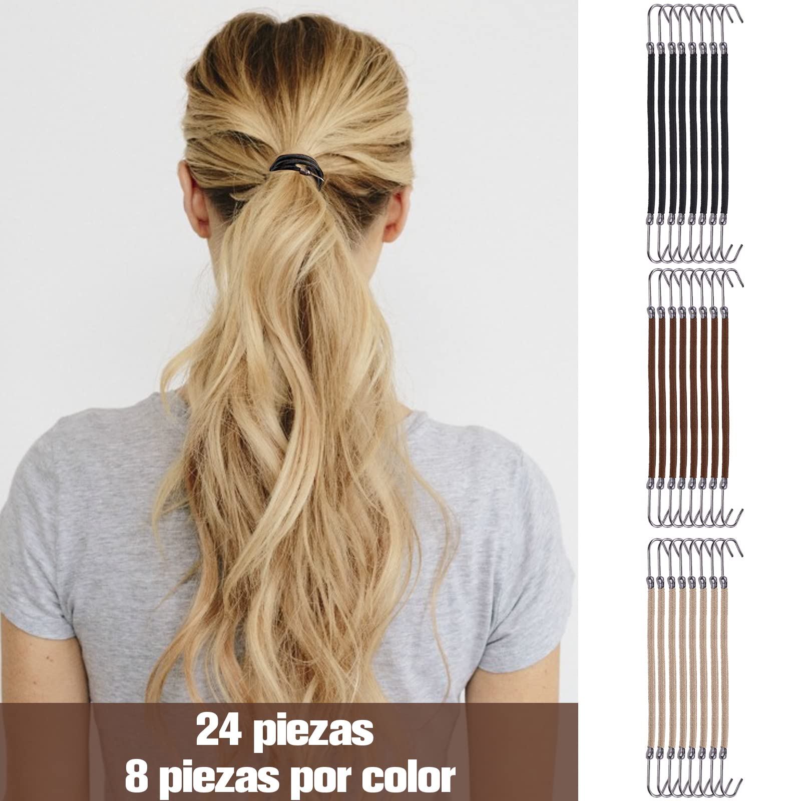 VEGCOO 24 Piezas Gomas de Pelo Ganchos Elástica, Gomas Pelo Ajustables Ganchos Pelo Coleteros Pelo Mujer